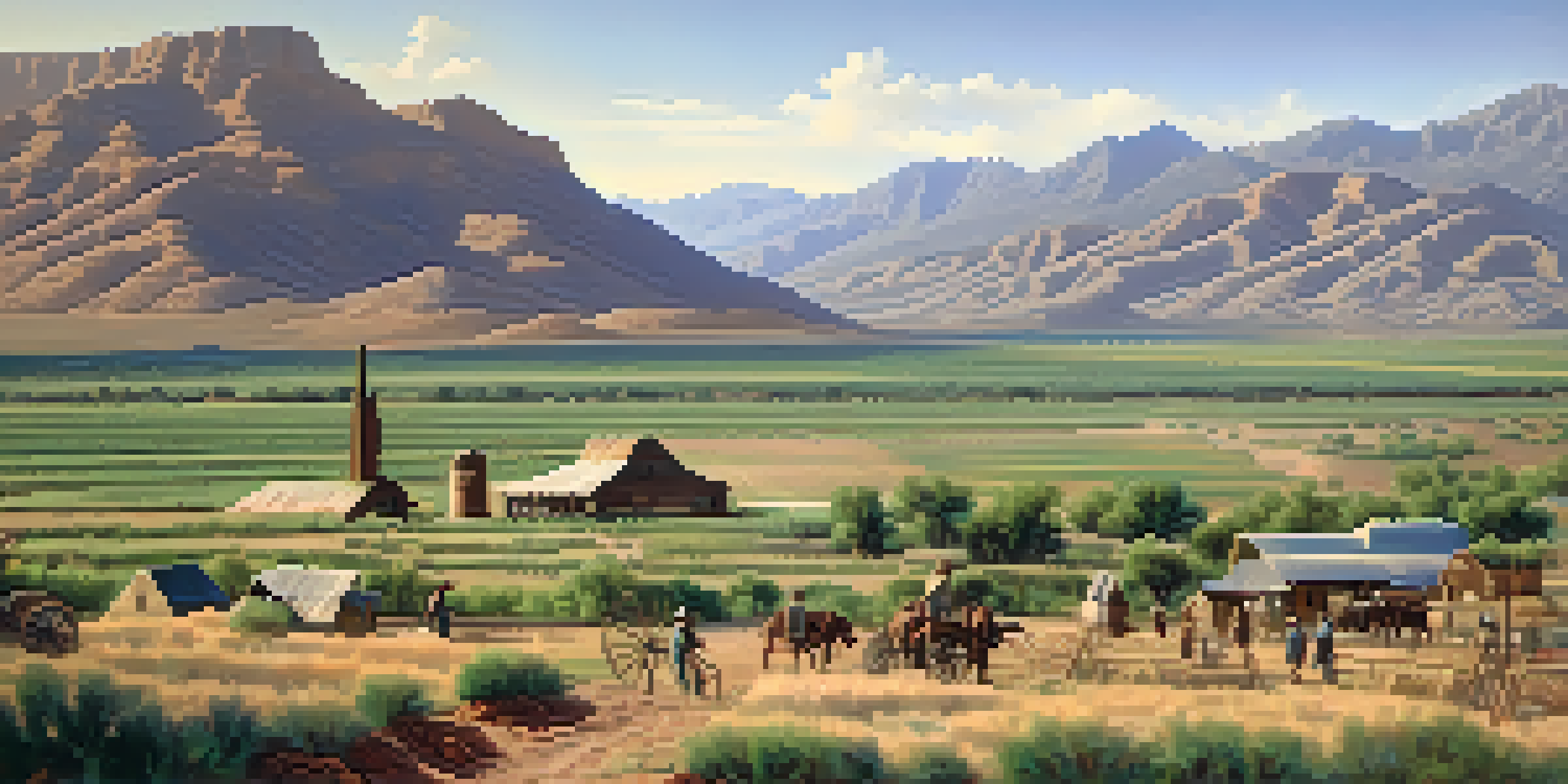 A historical depiction of early Mormon settlers farming in the Salt River Valley with lush fields and mountains in the background.