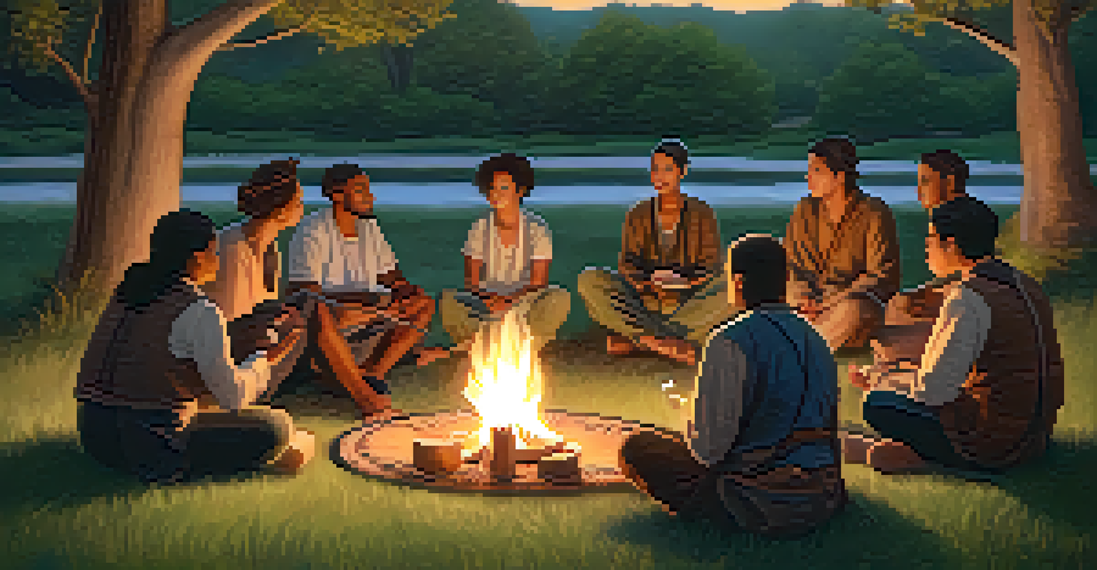 A diverse group of individuals sitting in a healing circle outdoors, sharing stories around a campfire, with traditional items placed around them.