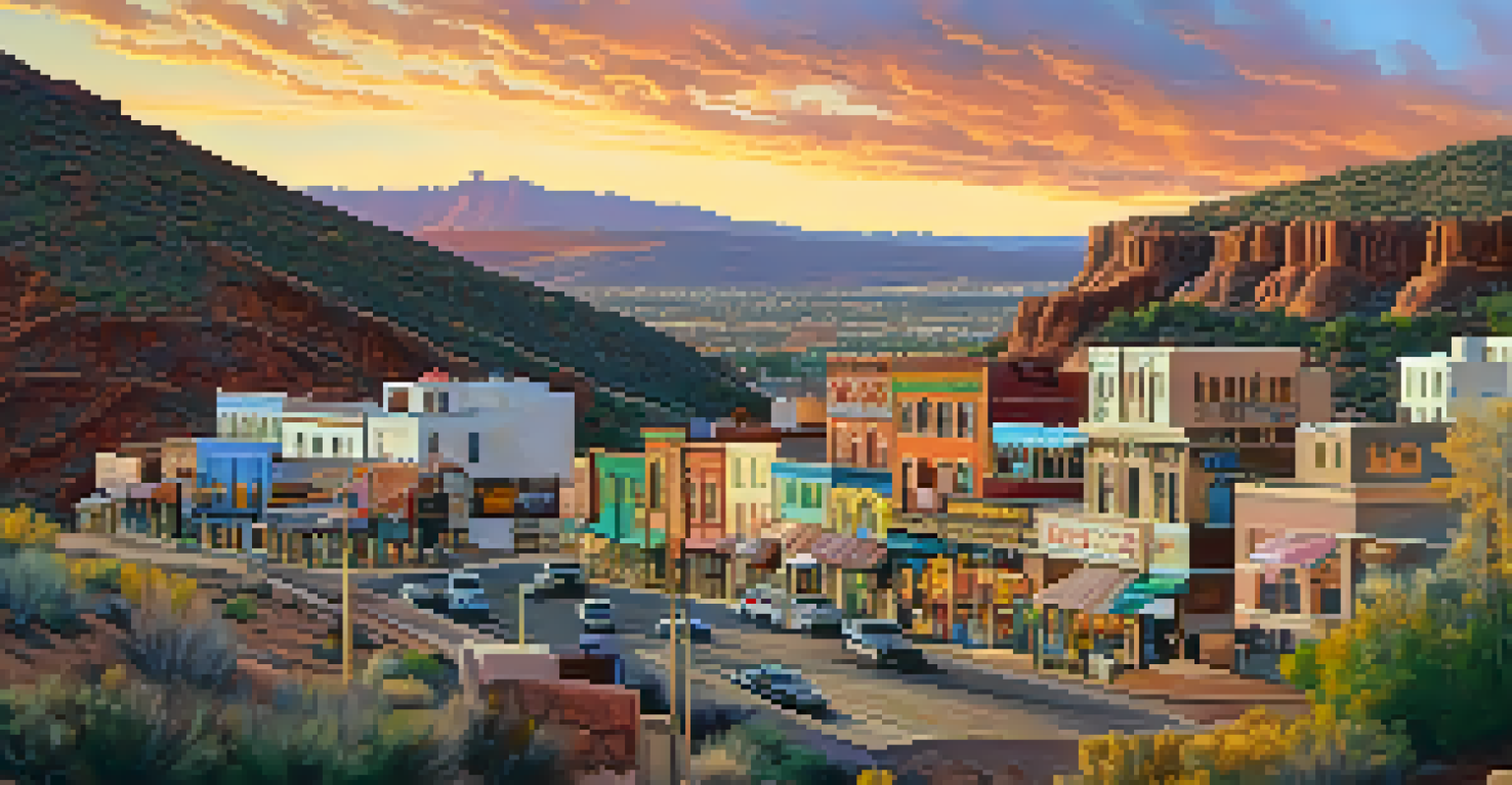 A colorful hillside town with vibrant buildings and a beautiful sunset.