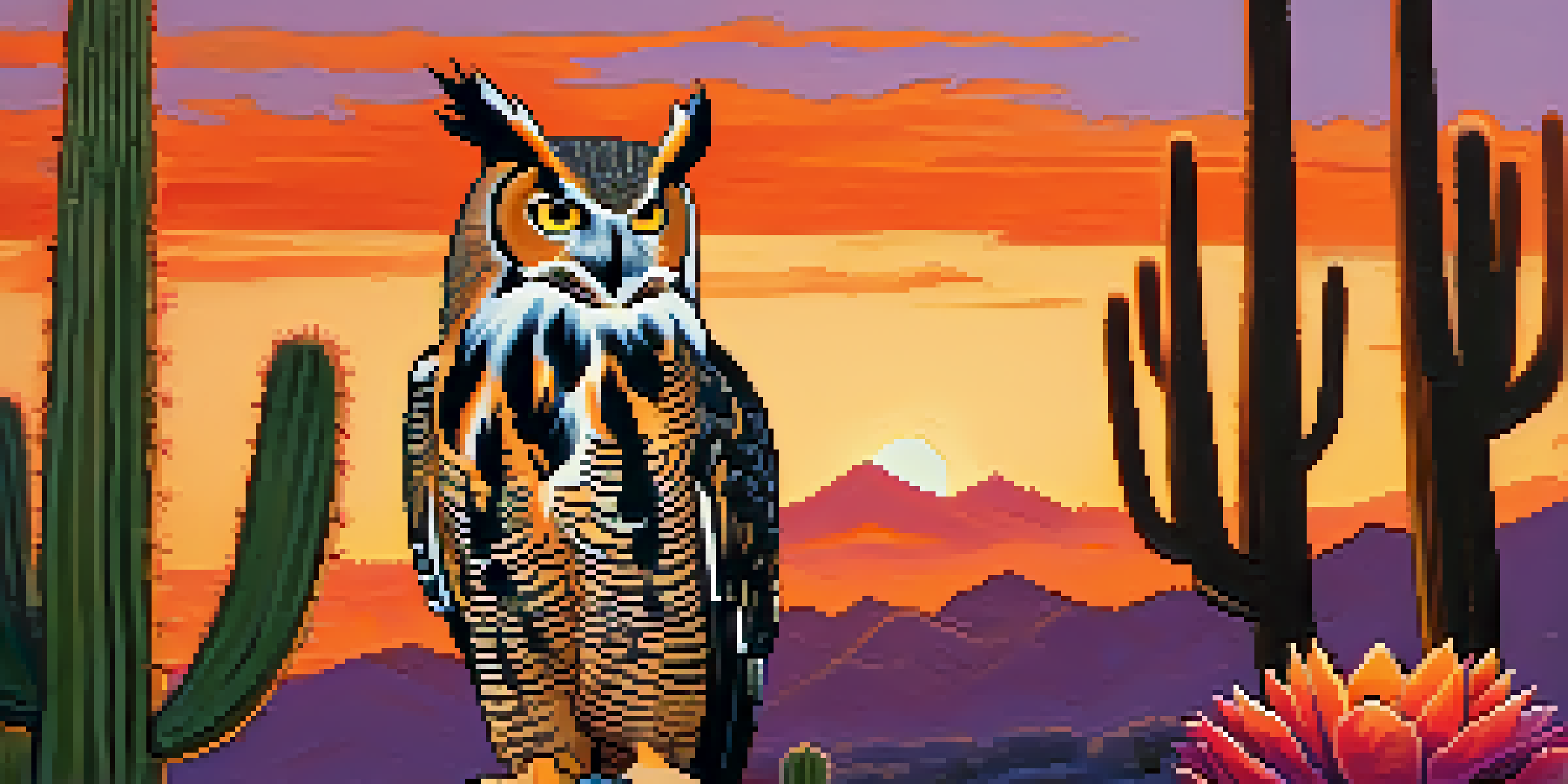 A great horned owl sitting on a cactus at sunset in Arizona, with colorful sky and mountains in the background.
