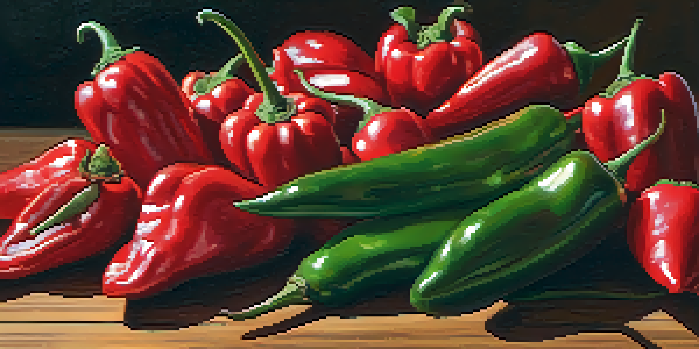 A collection of different types of Arizona chilies displayed on a wooden table, featuring bright colors and textures under warm lighting.