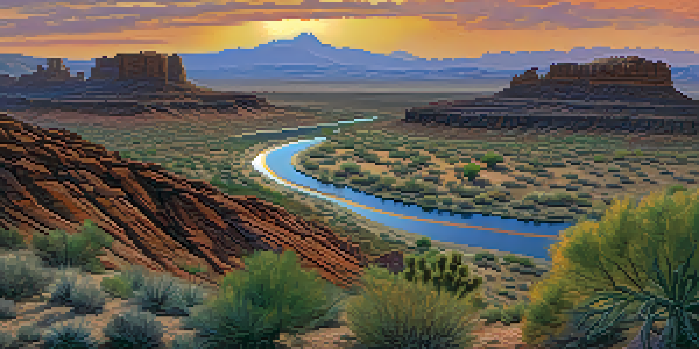 A sunset over Arizona's desert landscape, featuring a winding river and rugged cliffs.