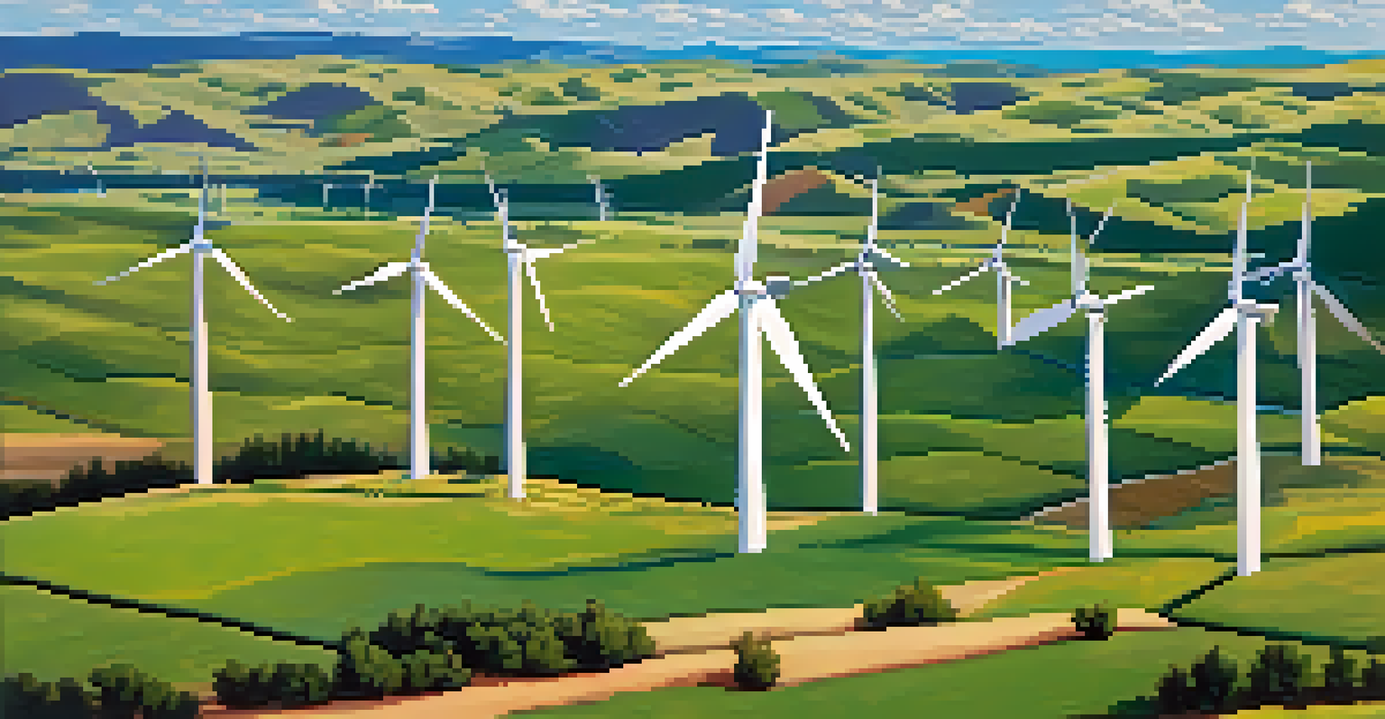 An aerial view of wind turbines on a ridgeline in Northern Arizona, surrounded by hills and a blue sky.