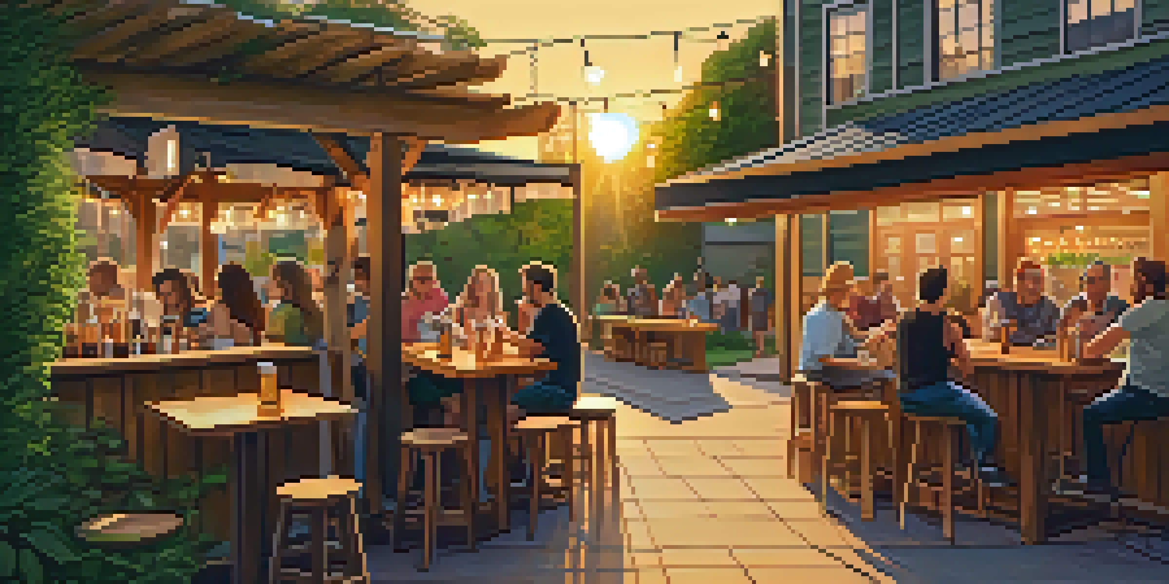 A lively outdoor brewery patio with people enjoying drinks and a food truck, surrounded by greenery and a sunset.