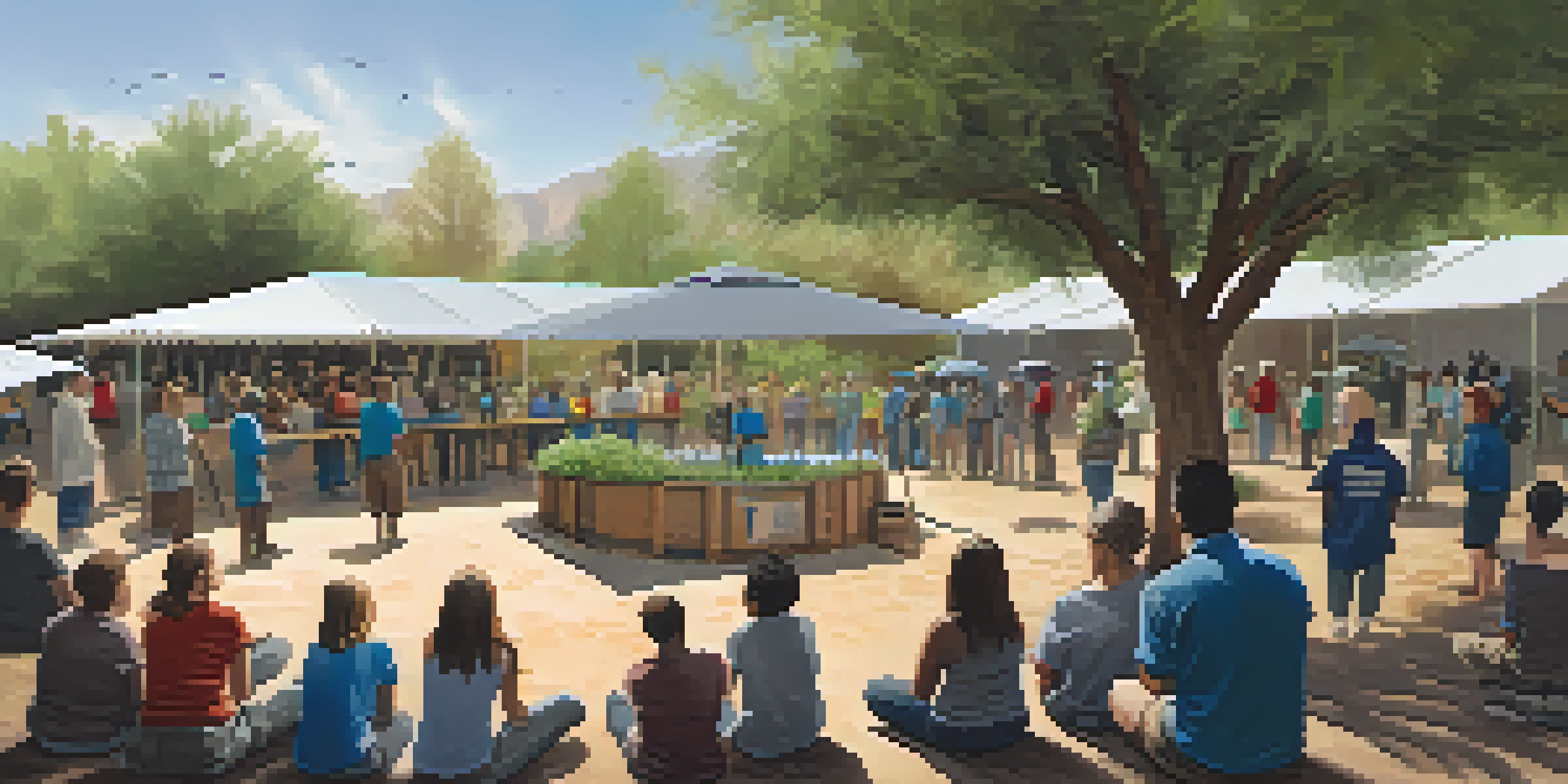 A group of residents attending a rainwater harvesting workshop in Arizona, surrounded by informative displays.