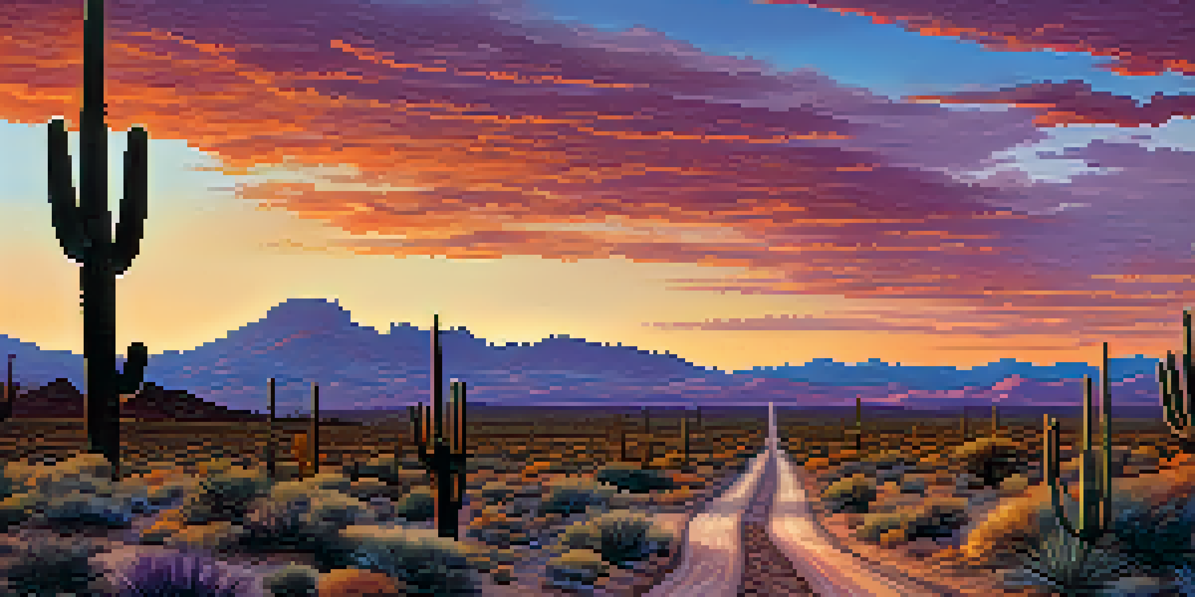 A panoramic view of Arizona's desert landscape during sunset with colorful skies and silhouetted cacti.