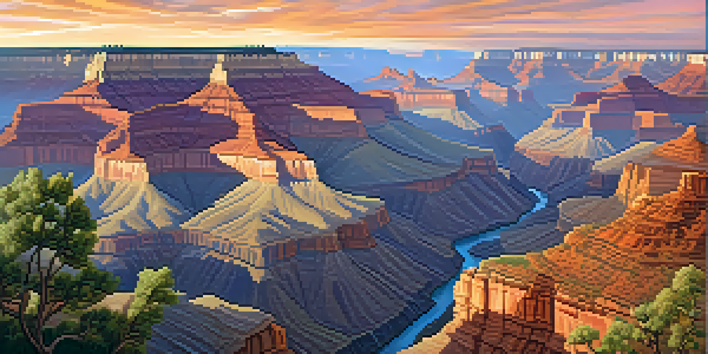 A scenic sunrise view of the Grand Canyon with colorful rock layers and the Colorado River.