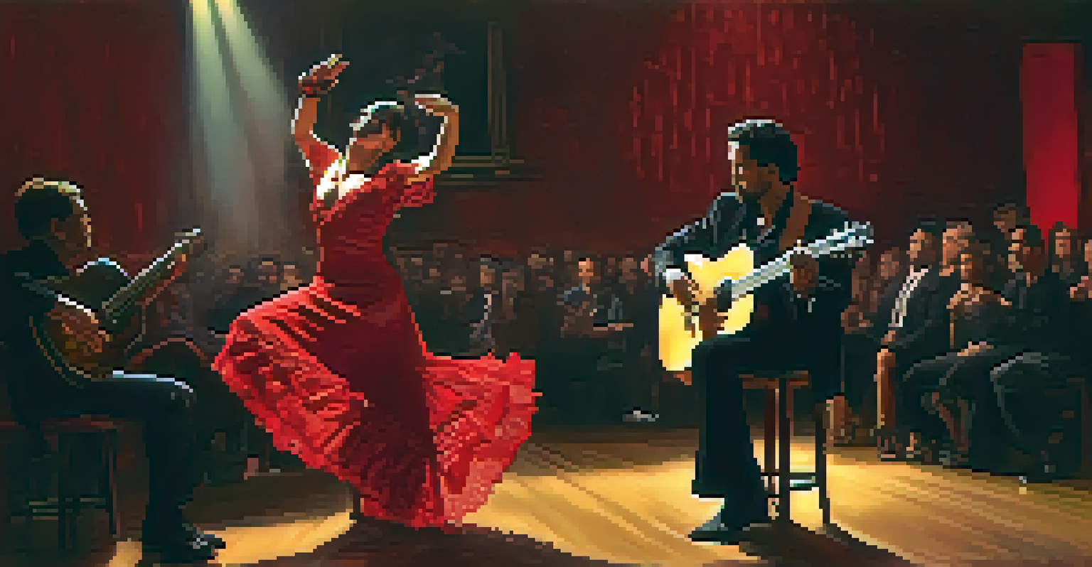 A flamenco dancer in a red dress performing in a dimly lit venue, with a guitarist in the background, creating a warm and dramatic atmosphere.