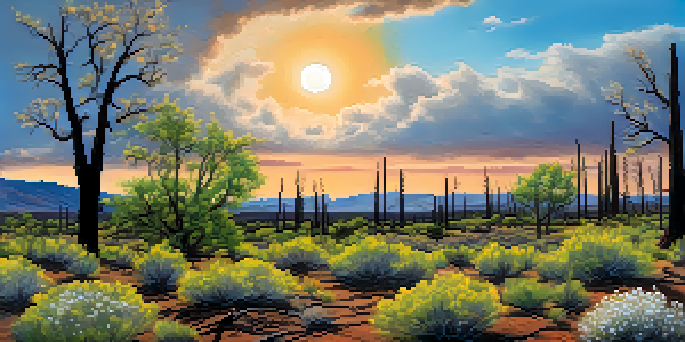 A wide view of a burned landscape in Arizona with blackened trees and green plants regrowing, under a clear blue sky with white clouds.