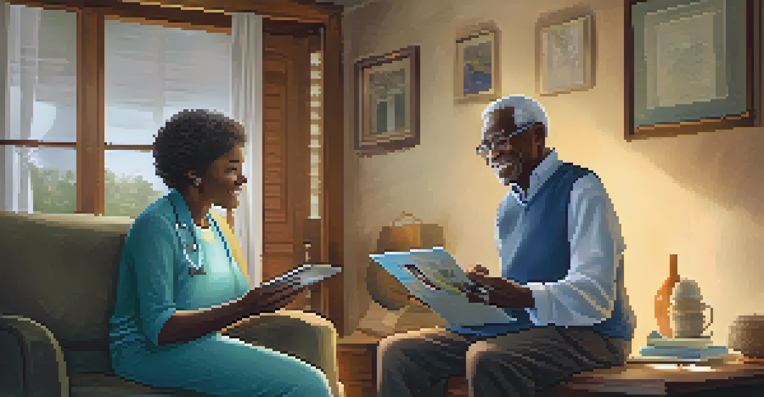A community health worker discussing health resources with an elderly person in a cozy home environment, illuminated by soft sunlight.