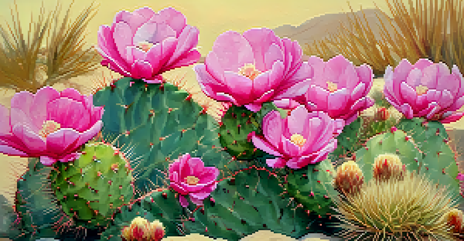 Close-up of a prickly pear cactus with bright pink flowers in the Arizona desert.
