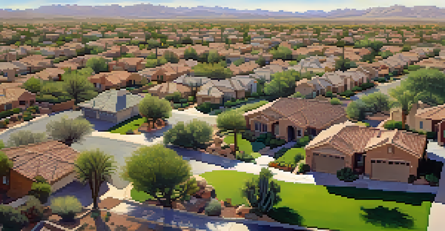 Aerial view of a suburban neighborhood in Arizona with homes featuring water-saving fixtures and green gardens.