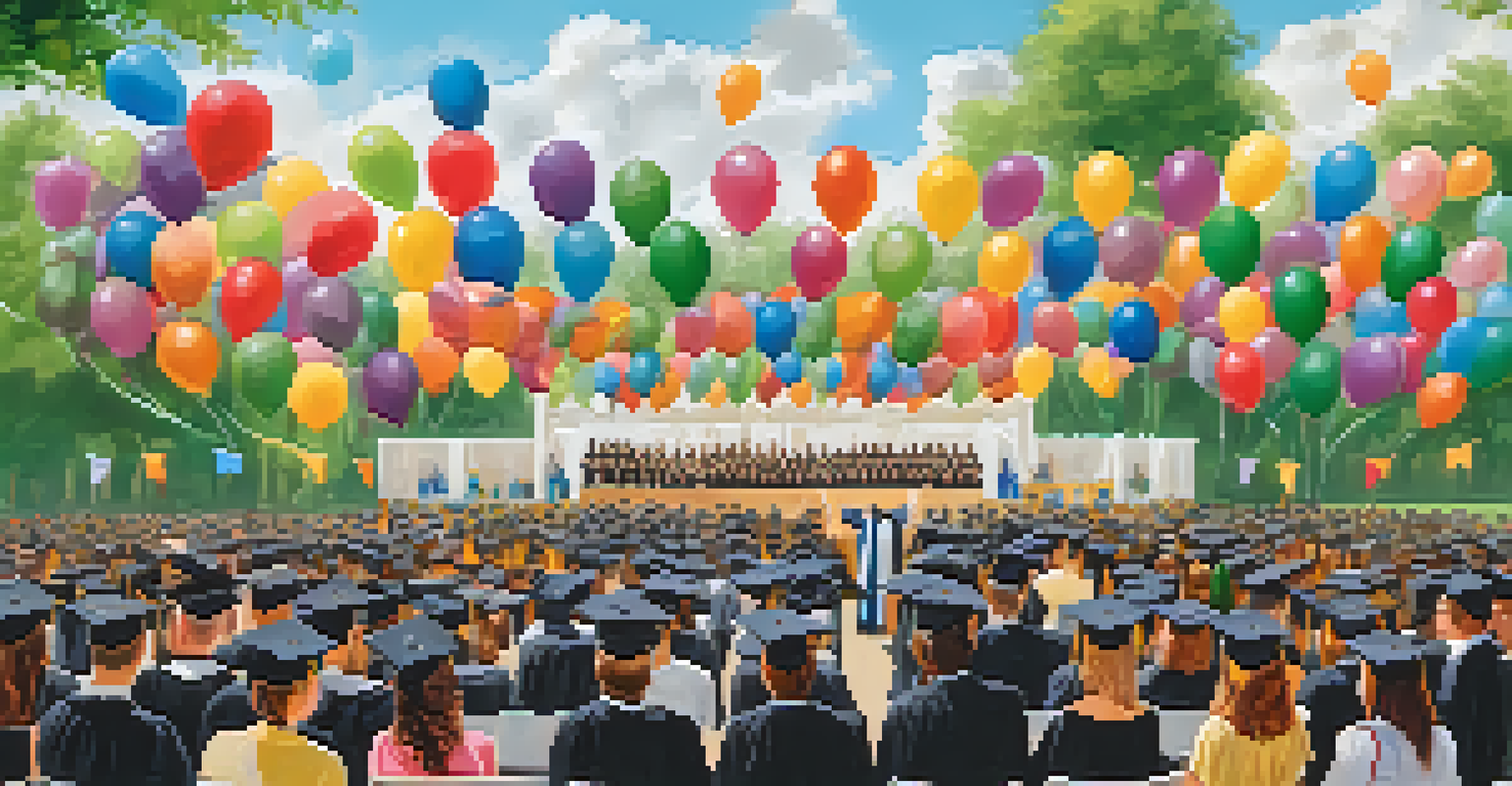 Graduates in caps and gowns celebrating at a community college outdoor graduation ceremony, with balloons and banners in the background.