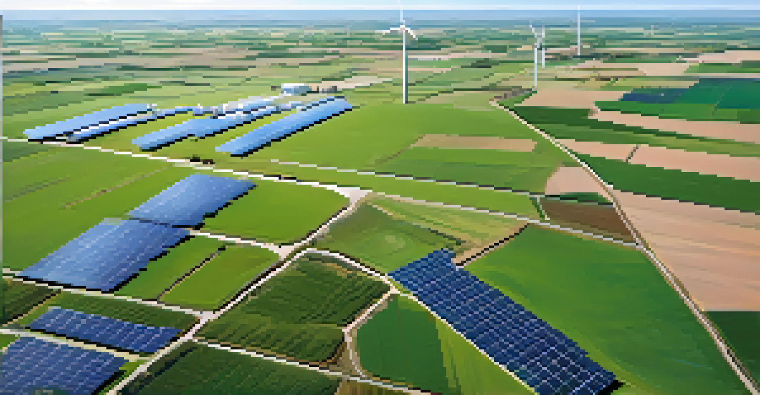 An aerial view of a renewable energy facility with solar panels and wind turbines.