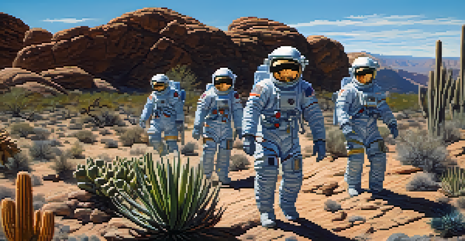 Astronauts in training in Arizona's desert, wearing space suits and tools against a clear blue sky.