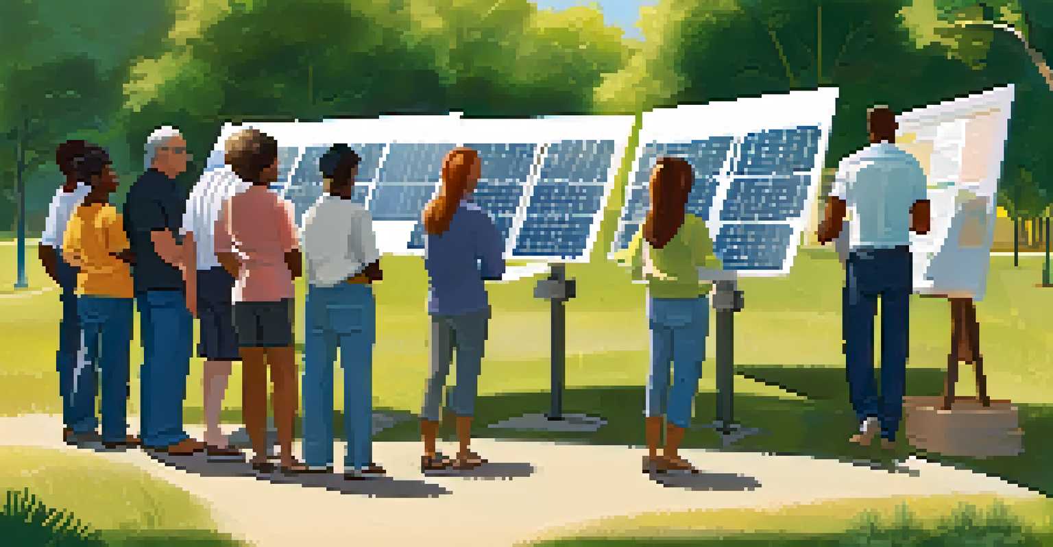 A community workshop focused on solar energy, featuring diverse participants and a presenter with solar panel displays.