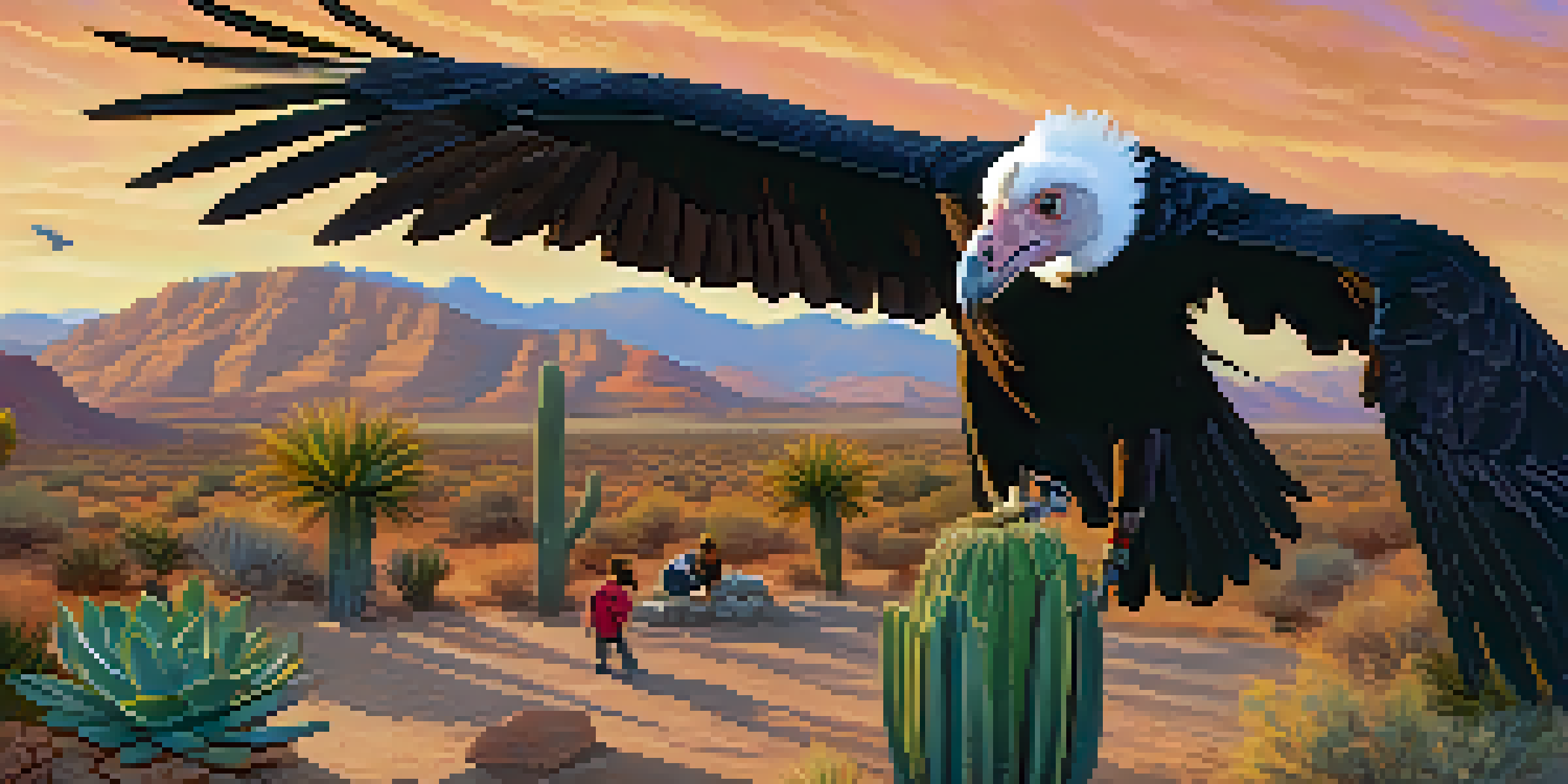 A volunteer holding a young California condor in a wildlife rehabilitation center surrounded by desert plants and mountains during golden hour.