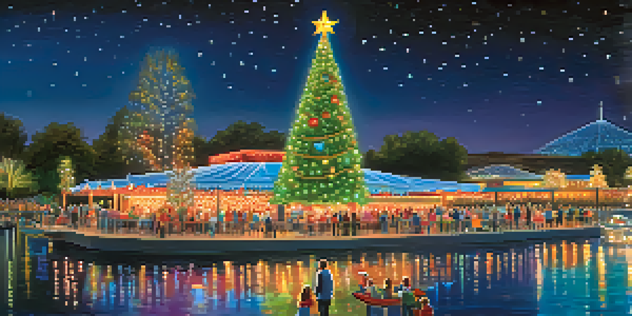 A festive scene with a large illuminated holiday tree by a lake, reflecting colorful lights on the water, with families enjoying activities nearby.