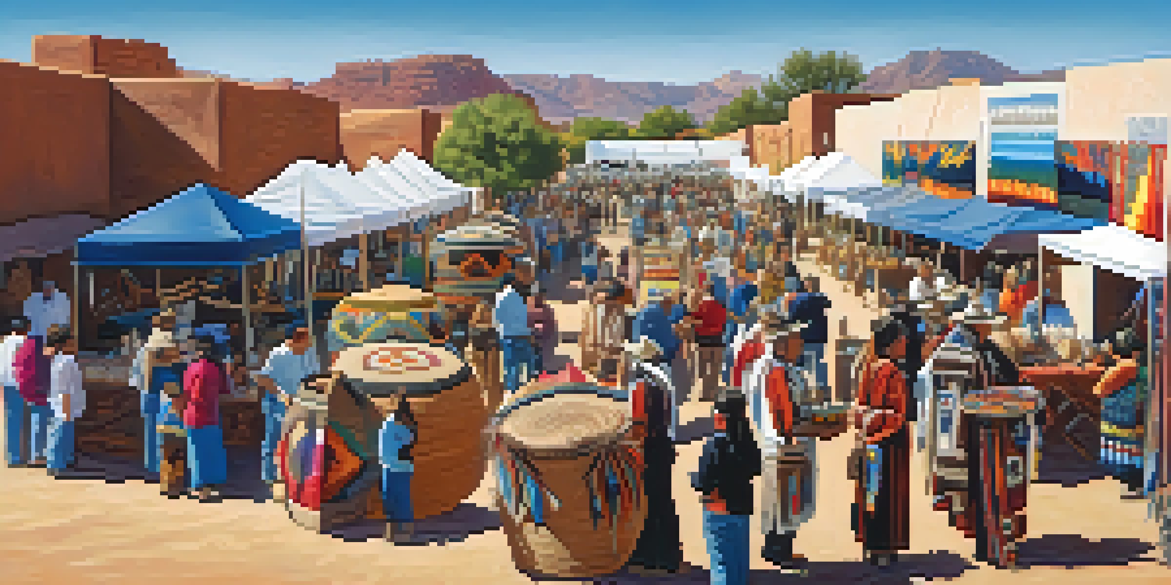 A lively art fair in Arizona featuring artisans displaying traditional crafts, including beadwork and pottery, with people interacting under a sunny sky.