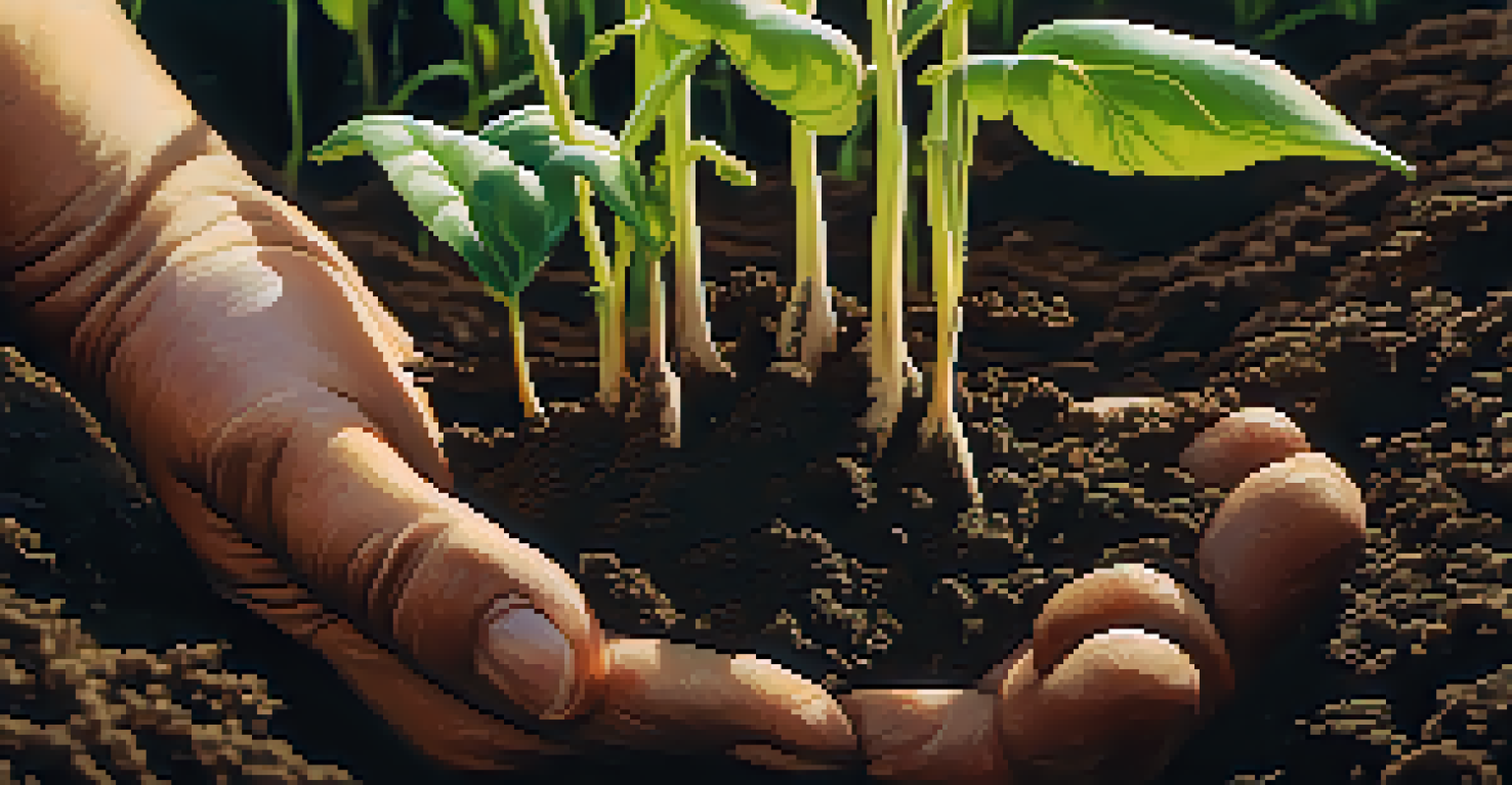 Close-up of a farmer's hands holding healthy soil with cover crops in the background.