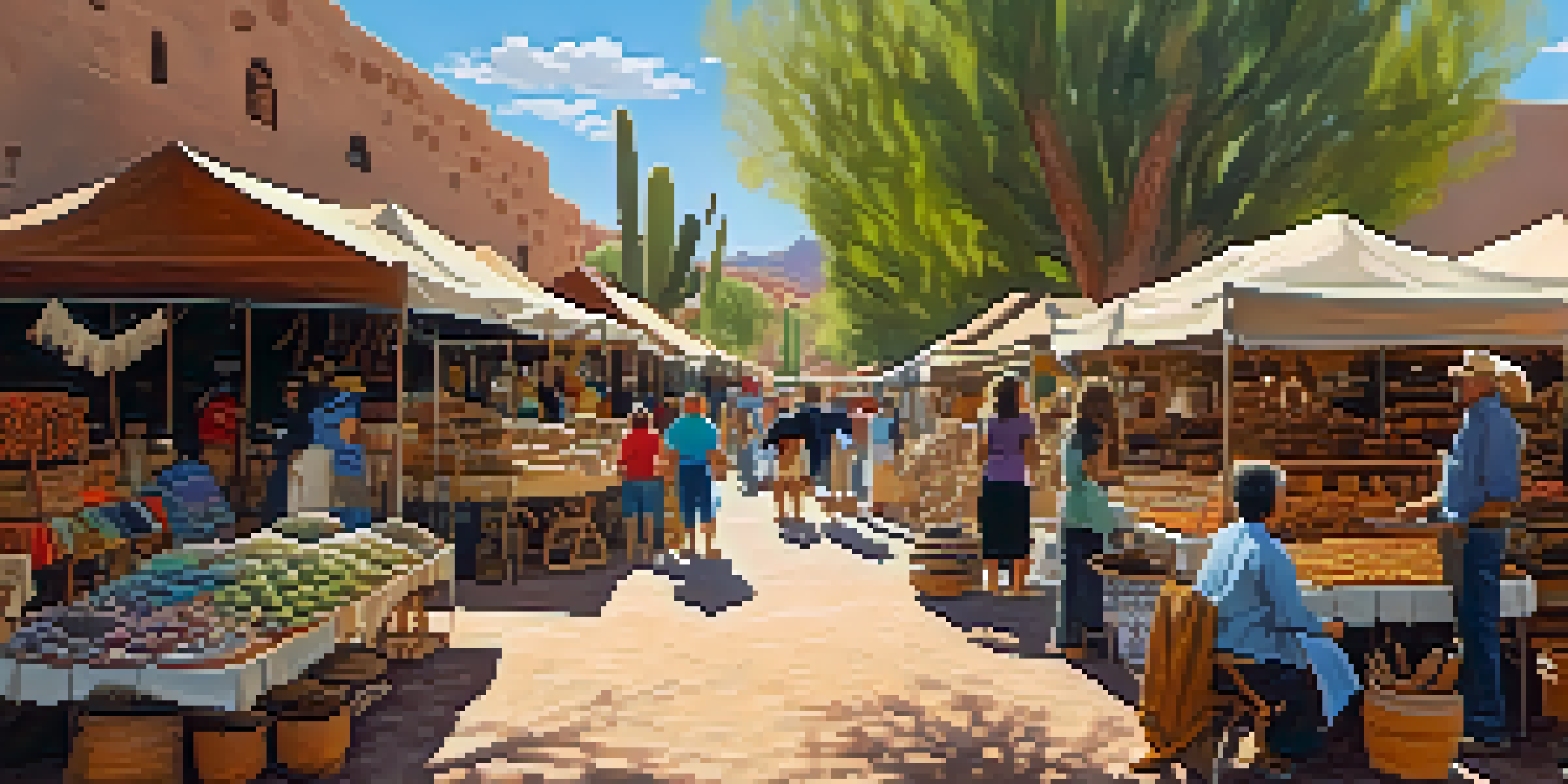 A lively artisan market in Arizona with colorful stalls and visitors interacting with artisans. The scene includes handmade crafts and a backdrop of cacti and mountains.