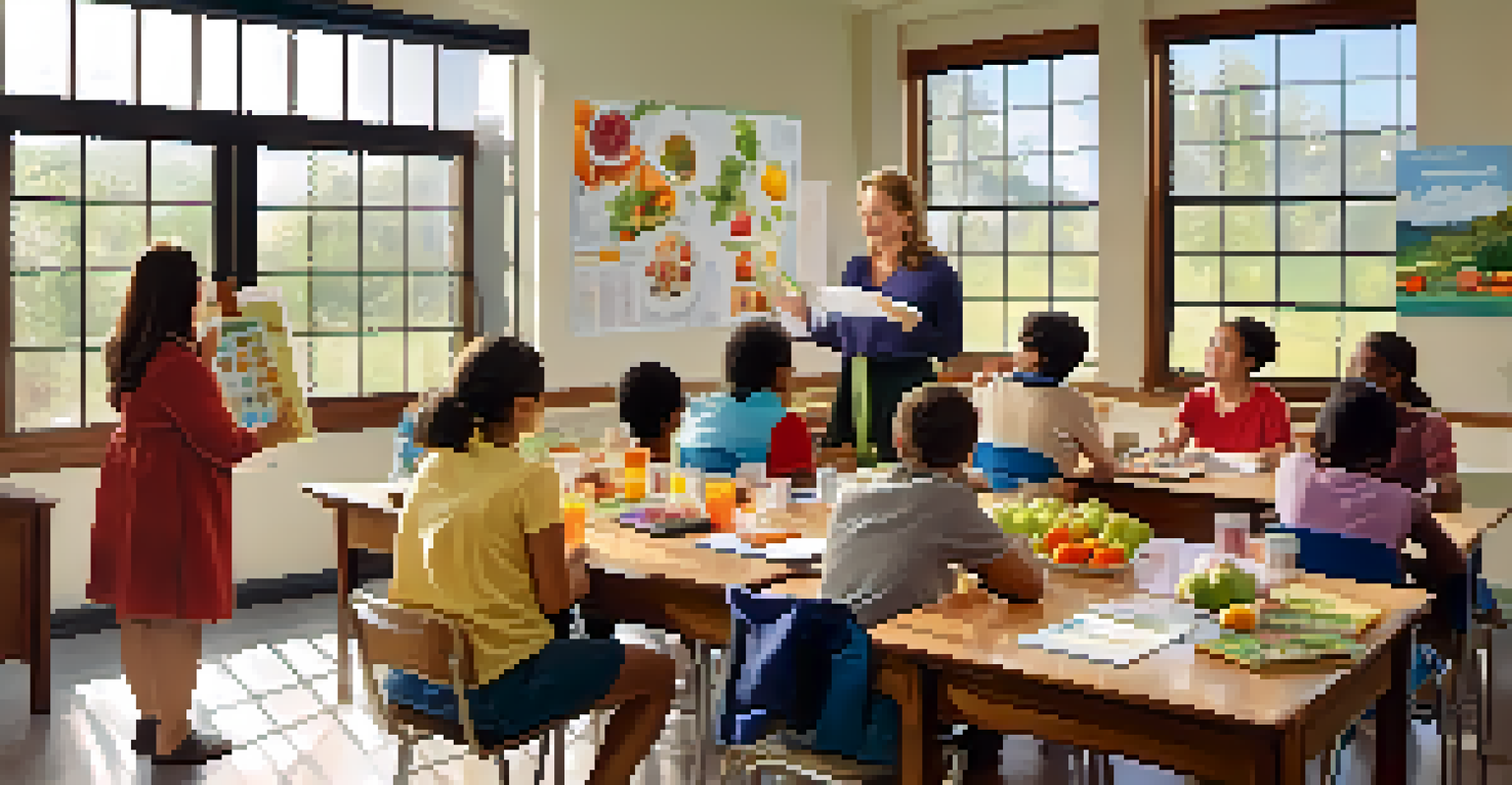 An educational classroom scene with adults learning about nutrition, surrounded by charts and fresh fruits.