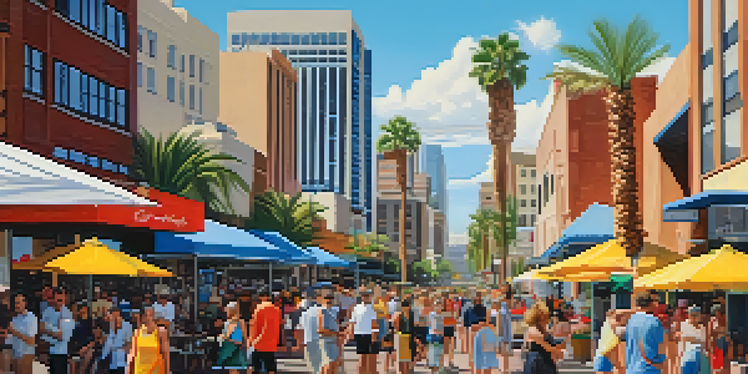 A lively urban landscape in Phoenix, Arizona, with tall buildings and diverse people enjoying the sunny weather.