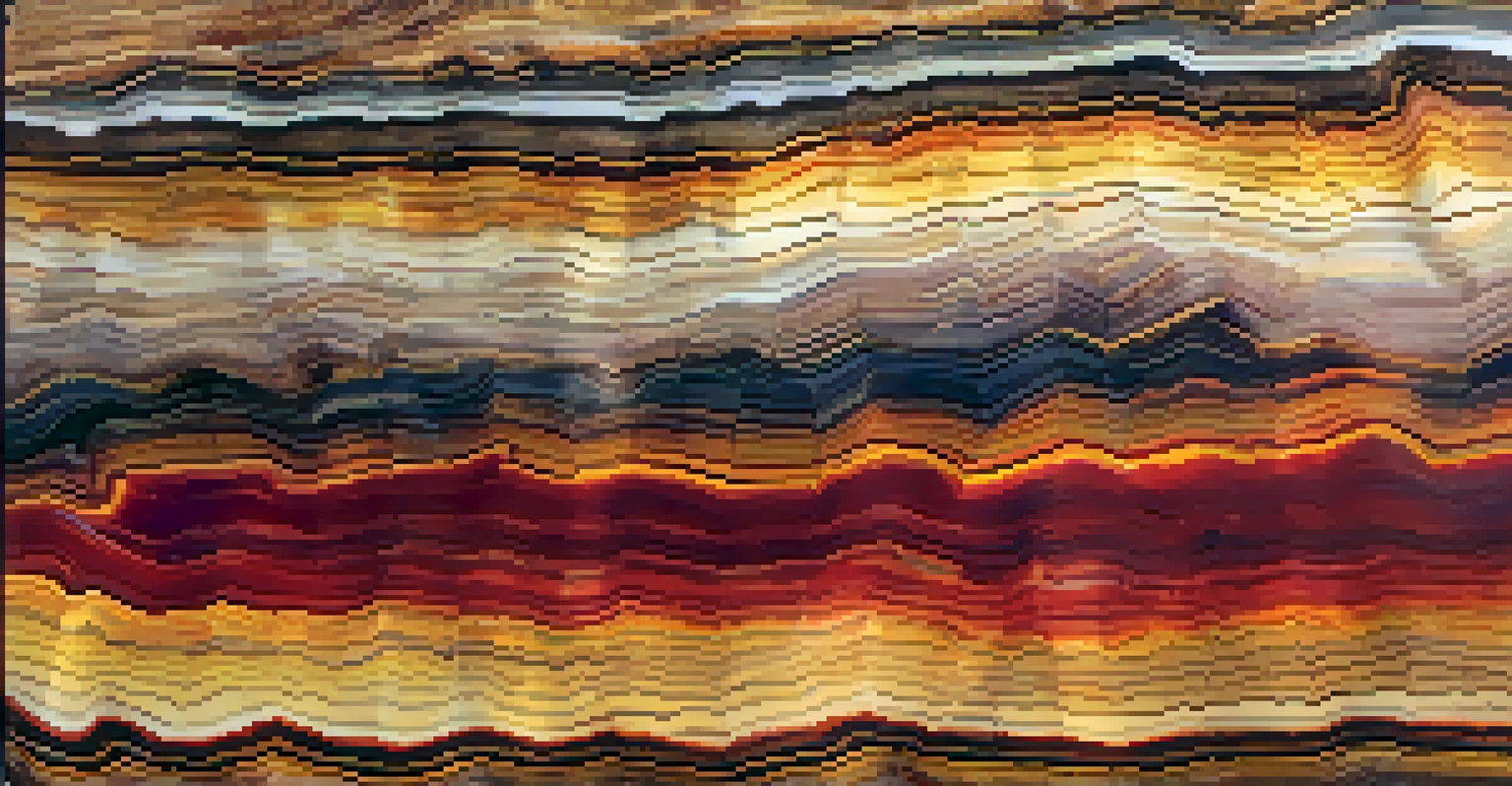 A close-up view of a colorful piece of petrified wood showcasing intricate patterns and vibrant colors in soft sunlight.