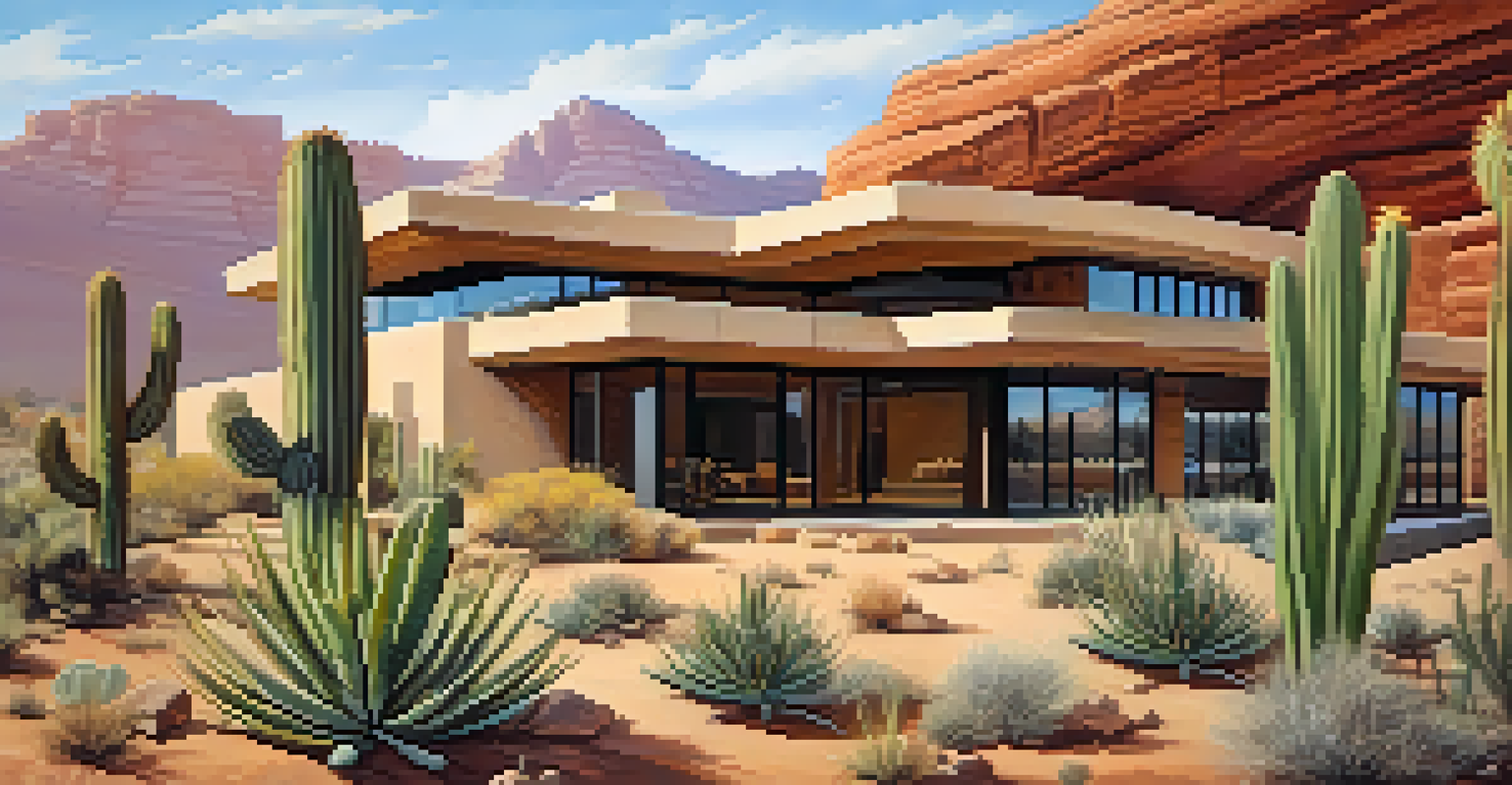 A modern building in Arizona with Native American architectural elements, surrounded by desert landscapes.