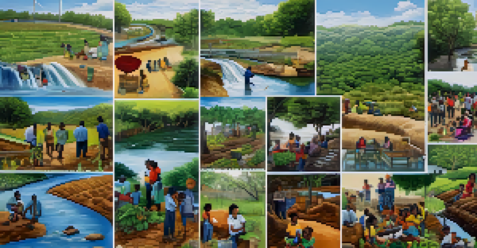 A collage illustrating successful community initiatives in water resource management, including tree planting and rainwater harvesting.