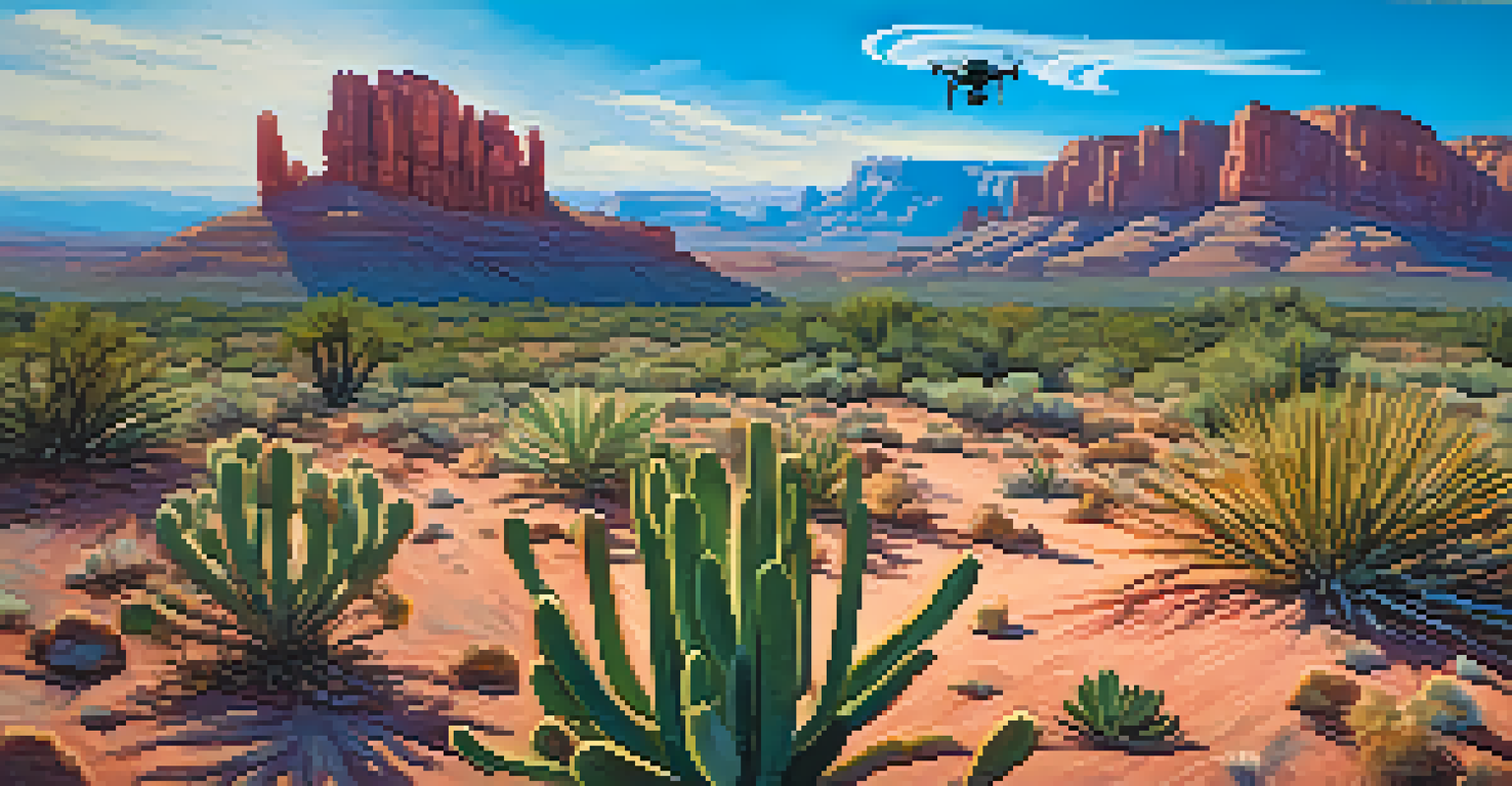 A drone flying over the Arizona desert, showcasing the beautiful red rock formations and cacti under a clear blue sky.