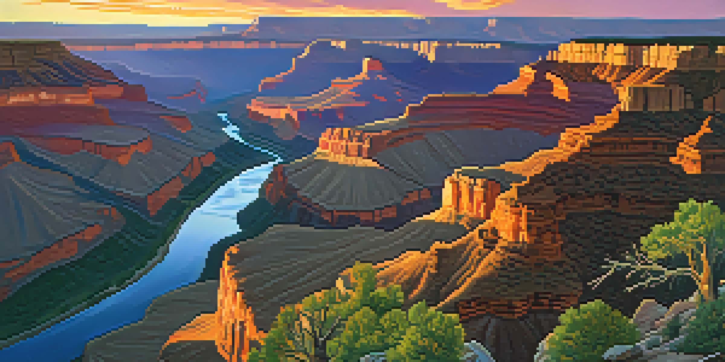 An aerial view of the Grand Canyon at sunset, featuring vibrant colors and lush greenery.