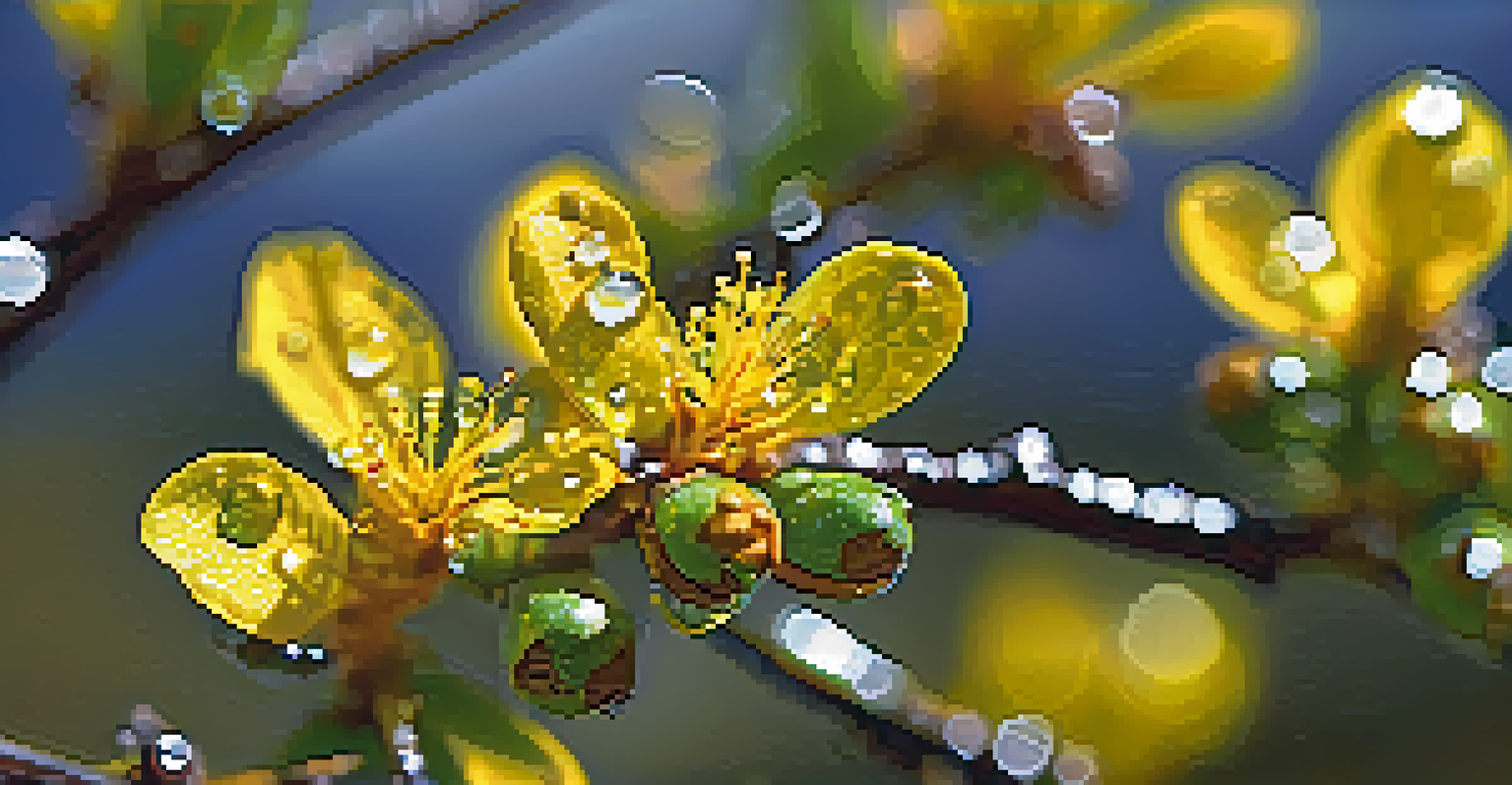 Close-up of a creosote bush with shiny leaves and yellow flowers after rain, with a blurred desert background.