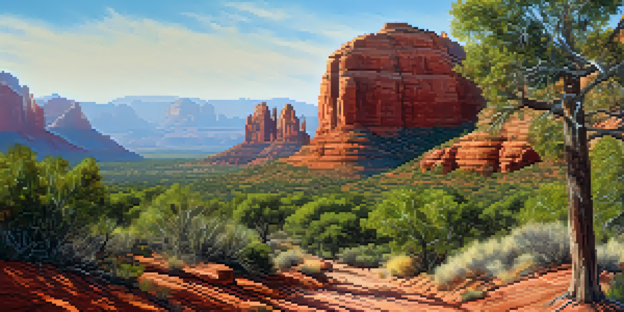 A tranquil landscape of Doe Mountain Trail in Sedona with hikers surrounded by red rock formations and green plants under a clear sky.