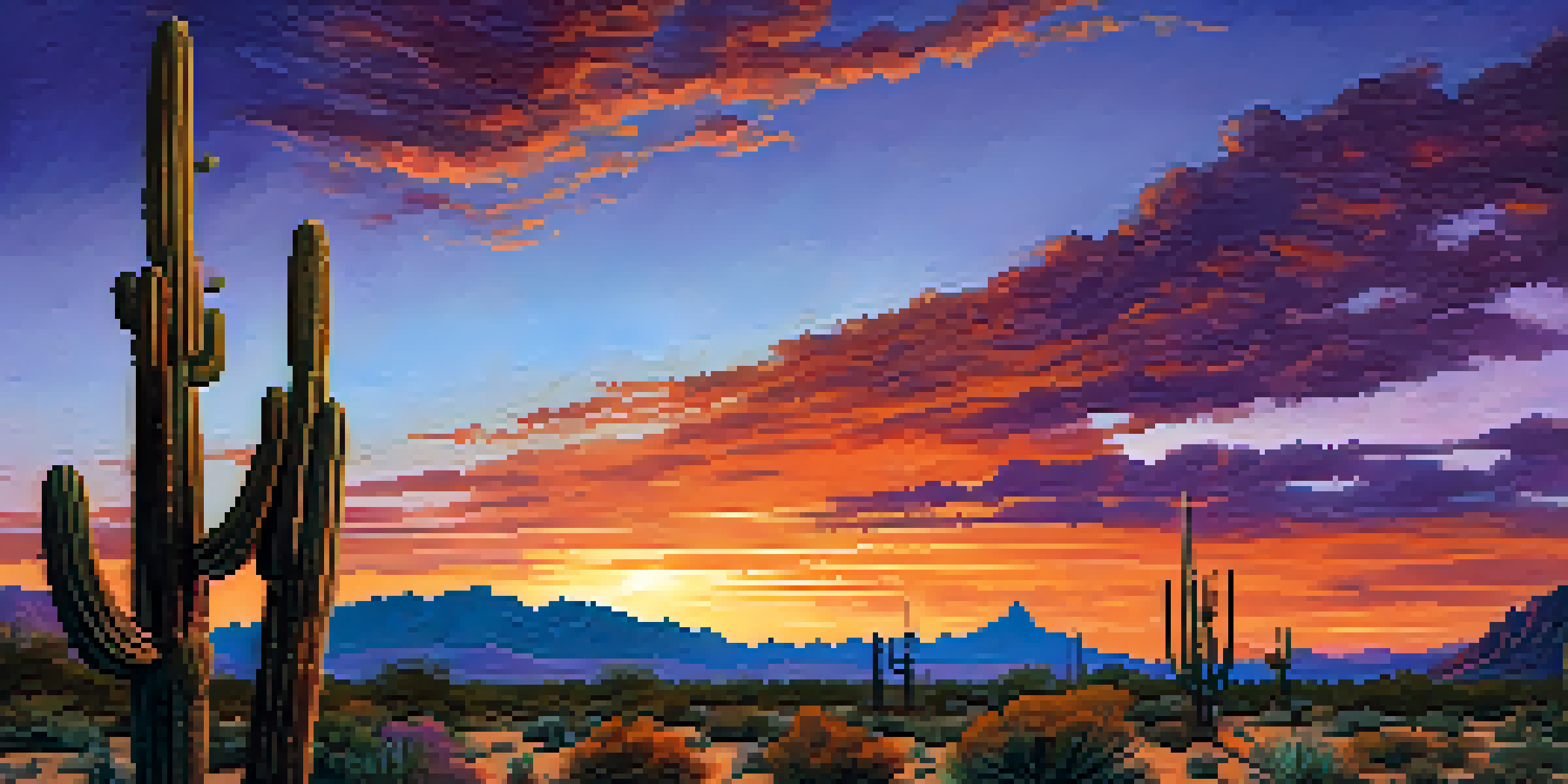 A desert landscape at sunset with a tall saguaro cactus silhouetted against a vibrant sky, rocky terrain, and distant mountains.