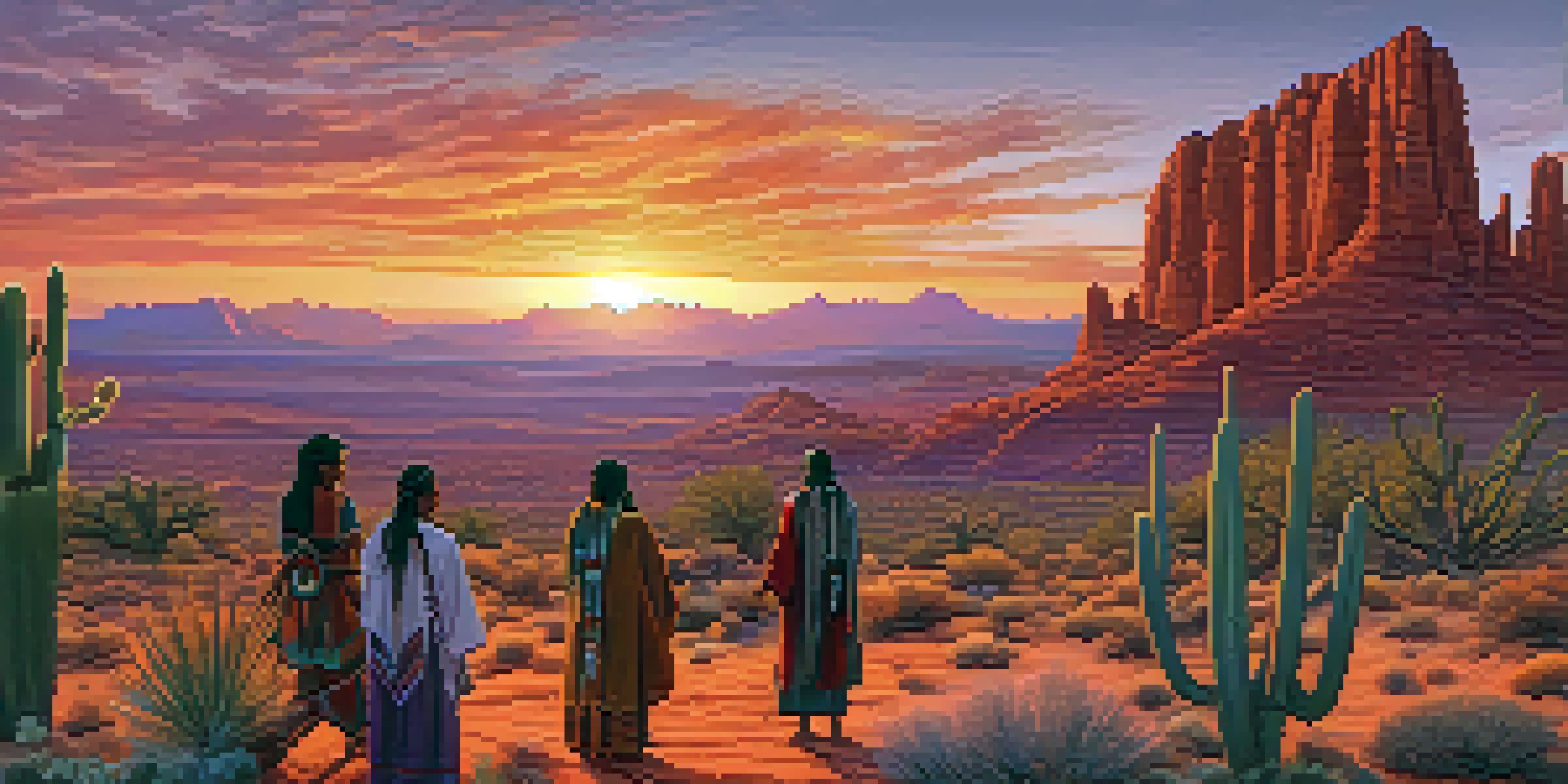 A panoramic view of Arizona's Indigenous lands at sunset, featuring red rock formations and a gathering of Native American individuals around a fire.