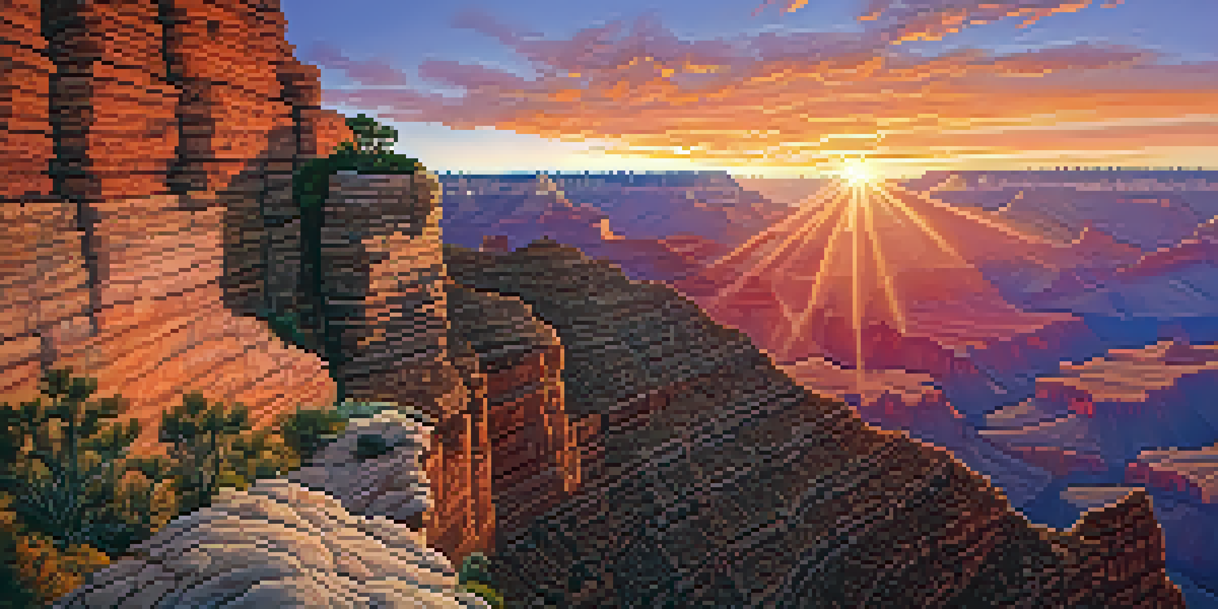 A silhouette of a hiker at sunrise overlooking the Grand Canyon, with vibrant orange and pink colors illuminating the cliffs.