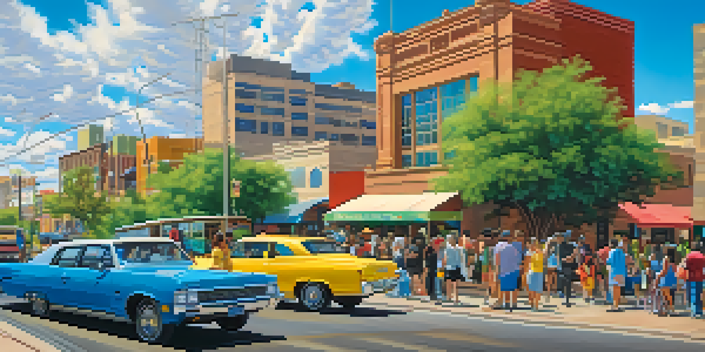 A busy street in Phoenix, Arizona, with various modes of transportation and vibrant murals promoting environmental awareness.