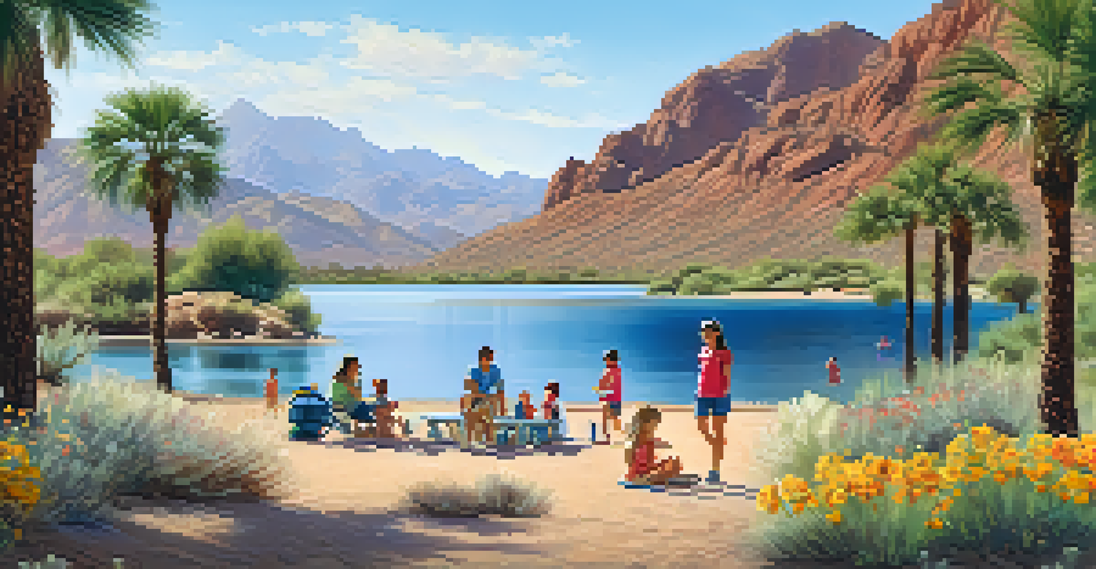 Families enjoying a sunny day at Saguaro Lake Campground, with children playing in the water and picnic setup by the shore.