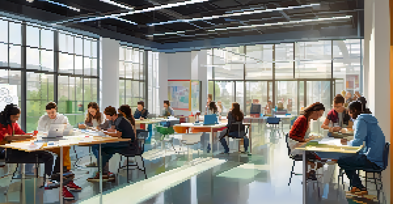 A modern university innovation center with students collaborating on projects.