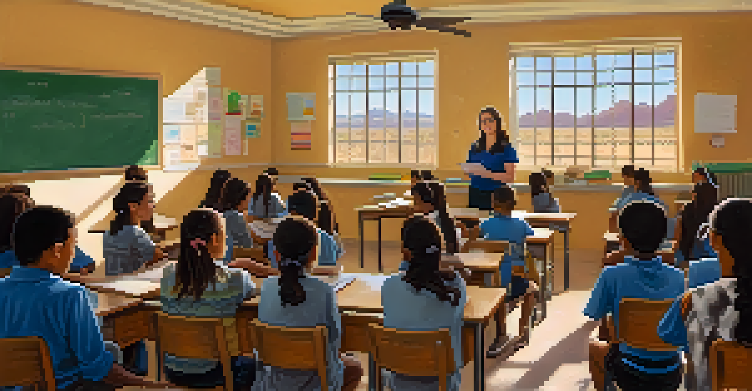 A teacher conducting a lesson in a rural Arizona classroom with diverse students, filled with educational resources and warm afternoon light.