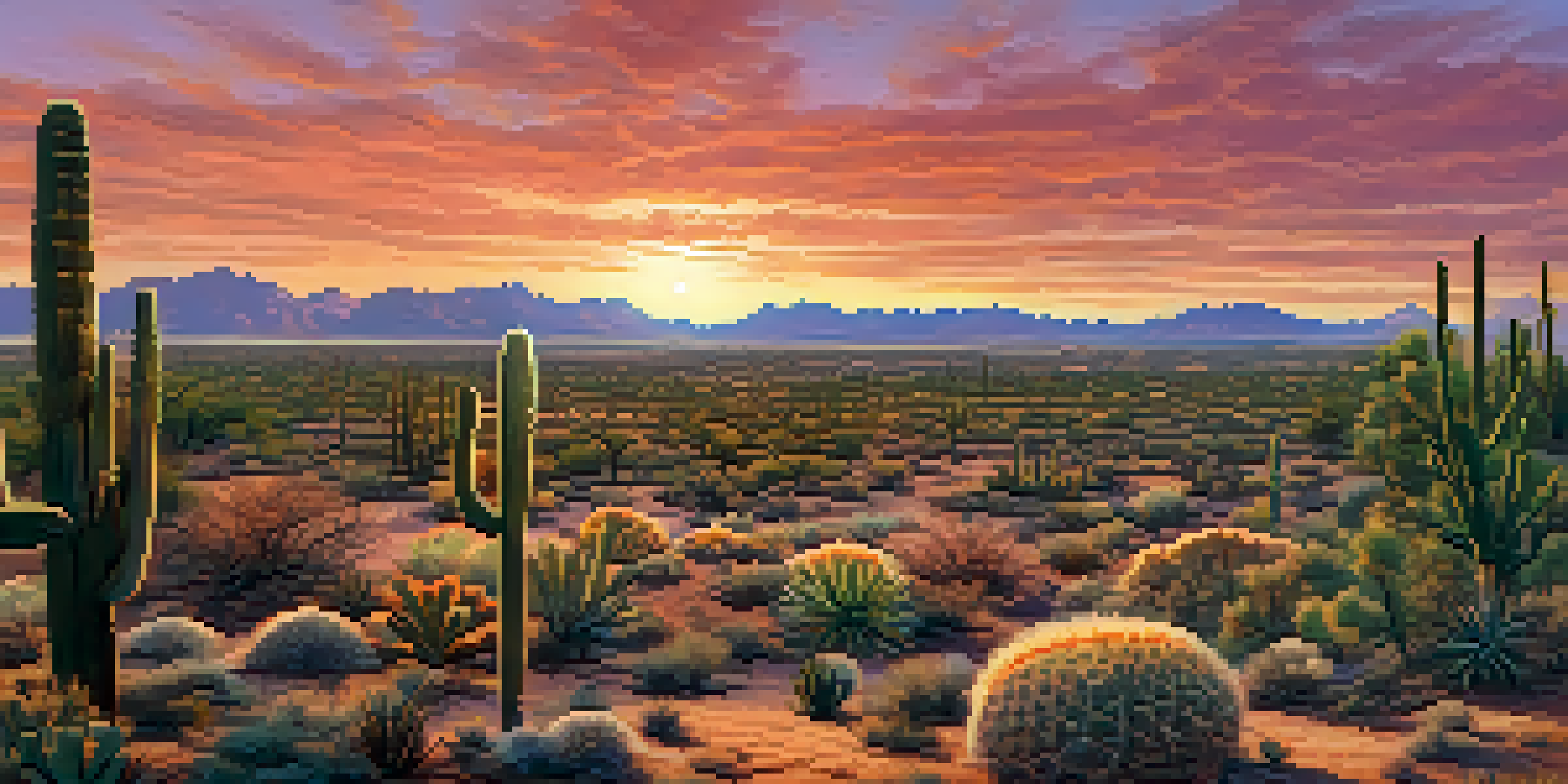 A panoramic view of the Arizona desert at sunset, with cacti and traditional irrigation systems in the foreground.