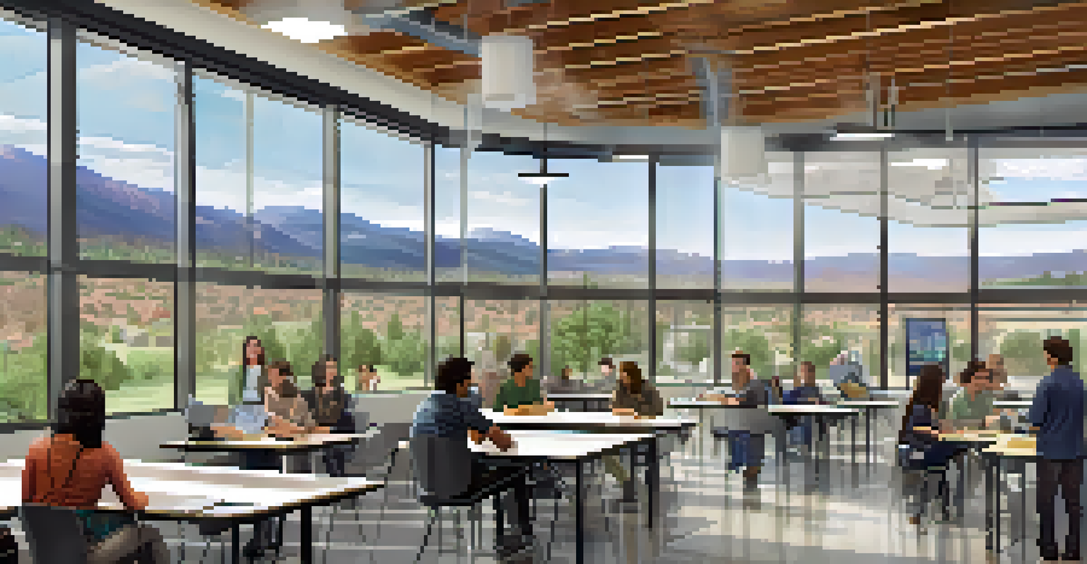 Interior view of the Sustainable Energy Solutions Center with students and renewable energy models in a bright and modern space.