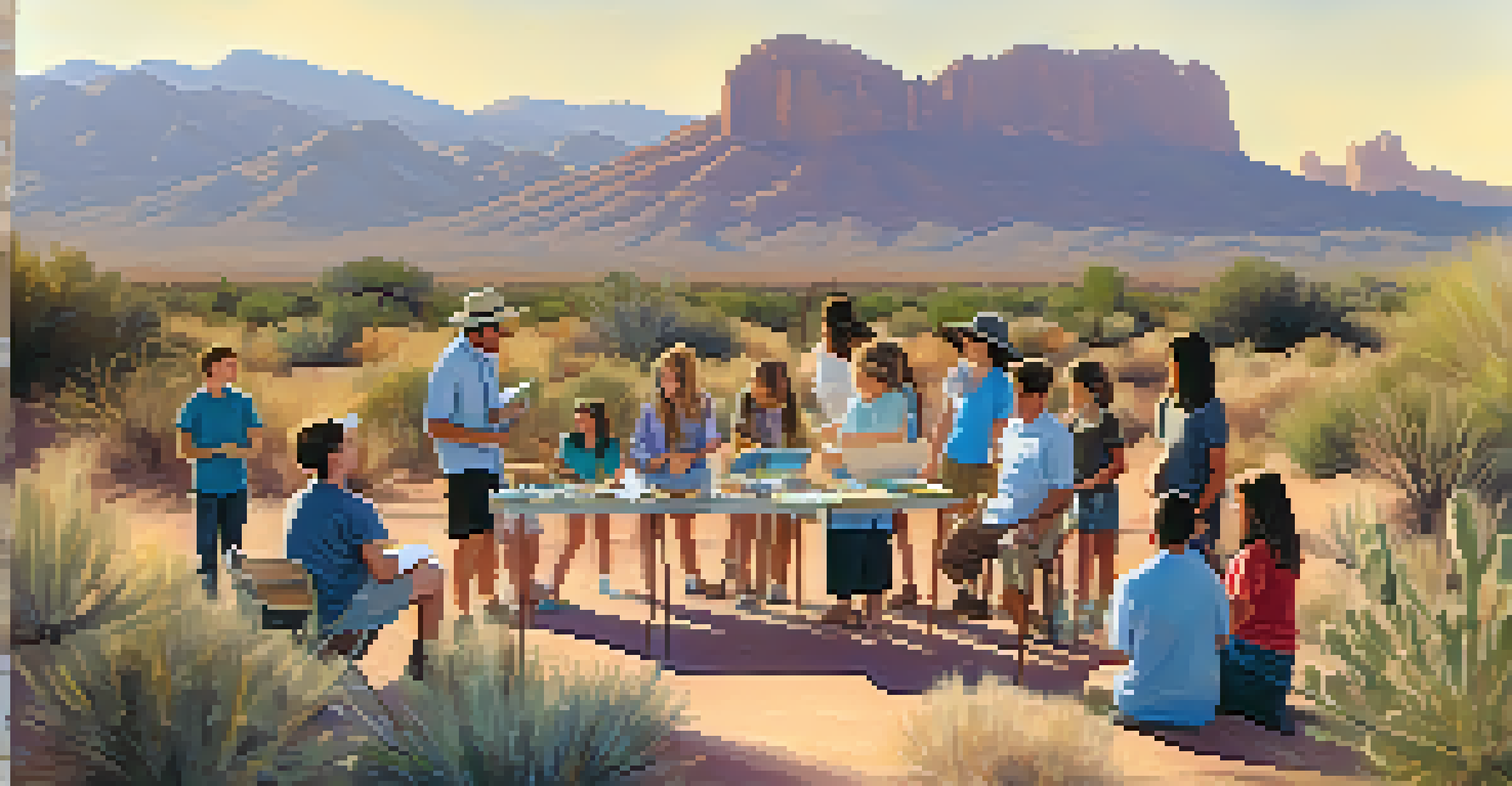 An outdoor educational workshop in Arizona with participants learning about local ecology.