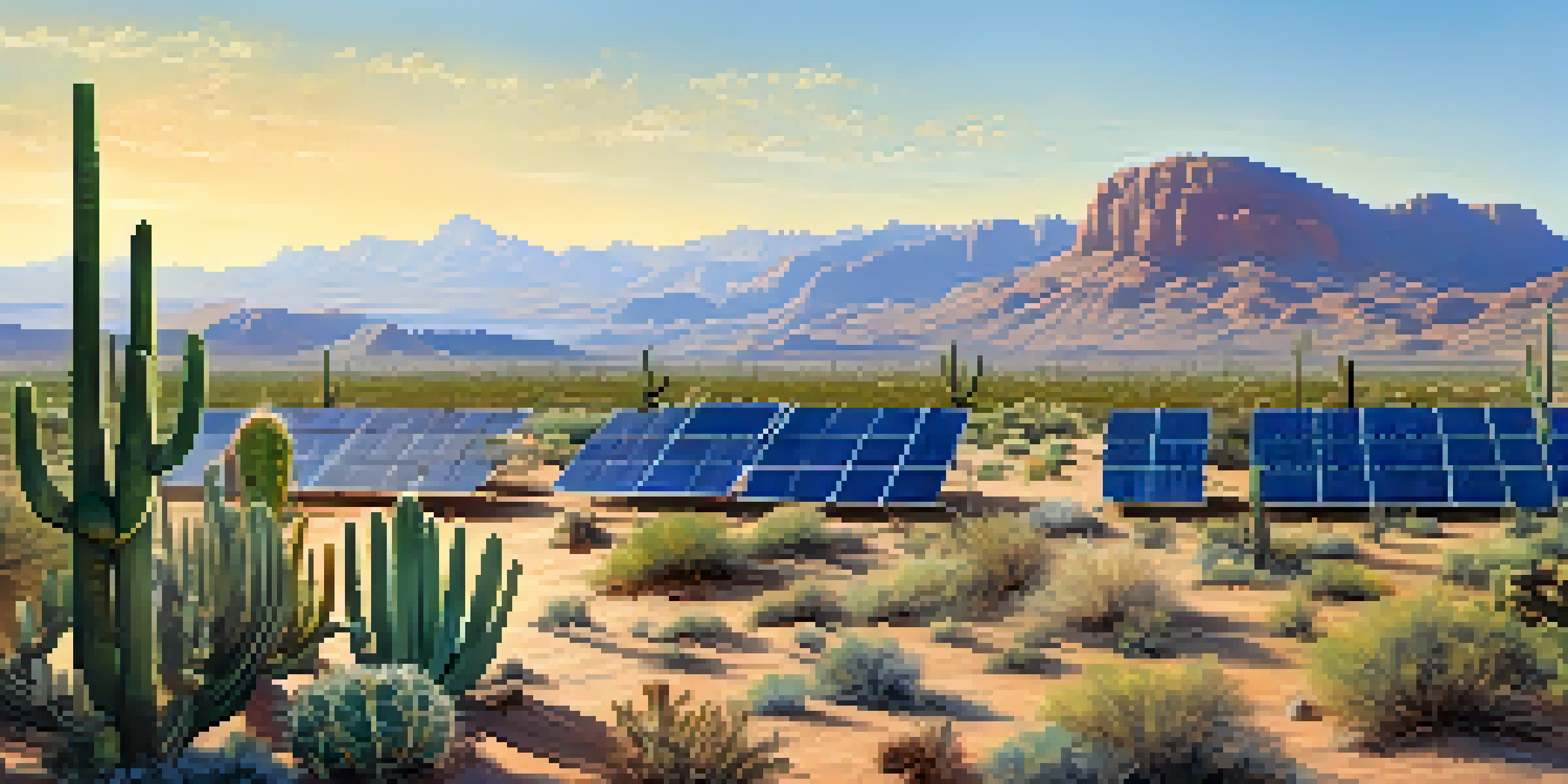 A wide view of the Arizona desert featuring solar panels, cacti, and mountains under a clear sky.