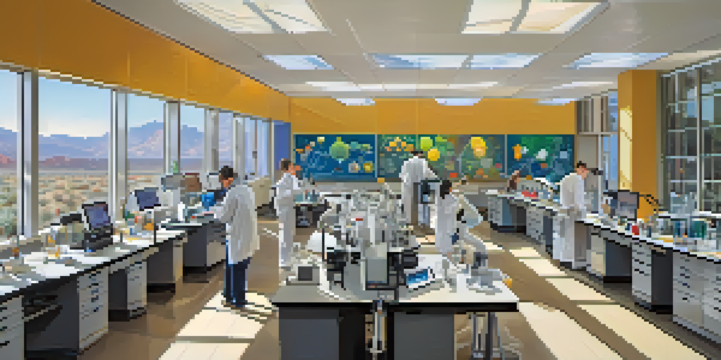 A modern research laboratory with students and faculty collaborating on projects, filled with high-tech equipment and natural light.