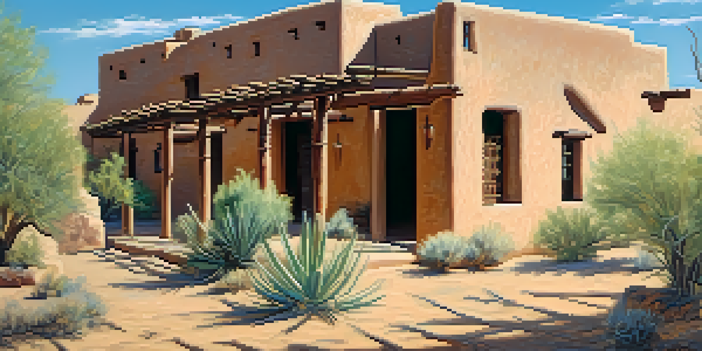 A historic adobe pueblo in Arizona with detailed architecture and desert vegetation under a blue sky.