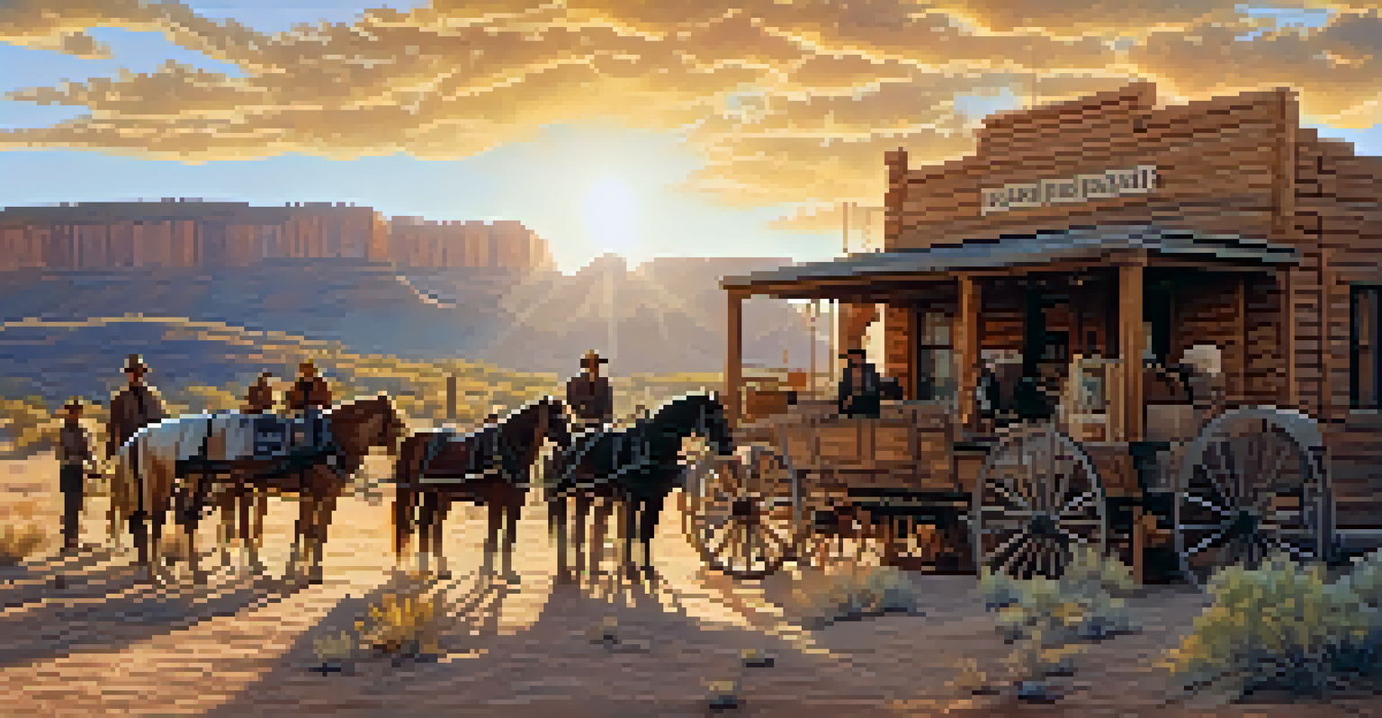 A vintage stagecoach in front of a rustic adobe building on a film set in Arizona.