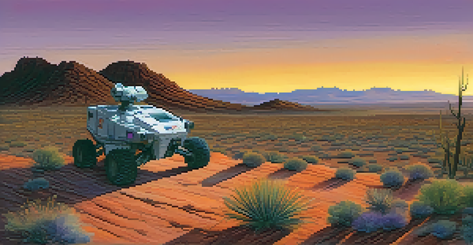 A sunset view of the Arizona-Sonora Desert with a NASA rover, highlighting the rocky terrain and vibrant sky colors.