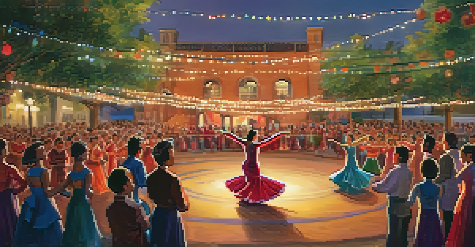 Flamenco dancers performing at the Arizona Festival of Lights, surrounded by an audience and twinkling lights.